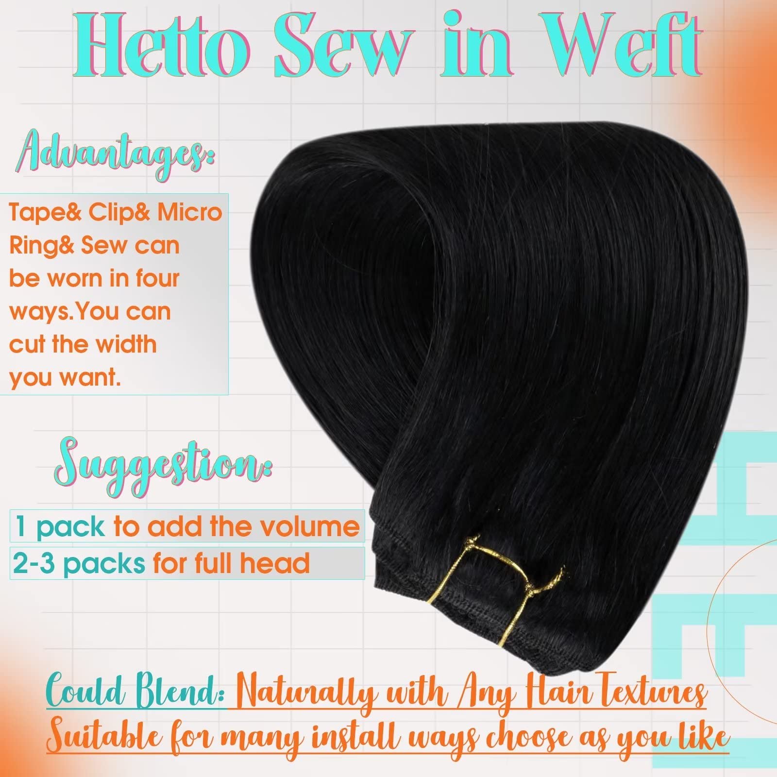 Hetto Black Weft Human Hair #1 Jet Black Sew in Weft Human Hair Extensions 18 Inch Straight Sew in Weft Extensions Human Hair 10