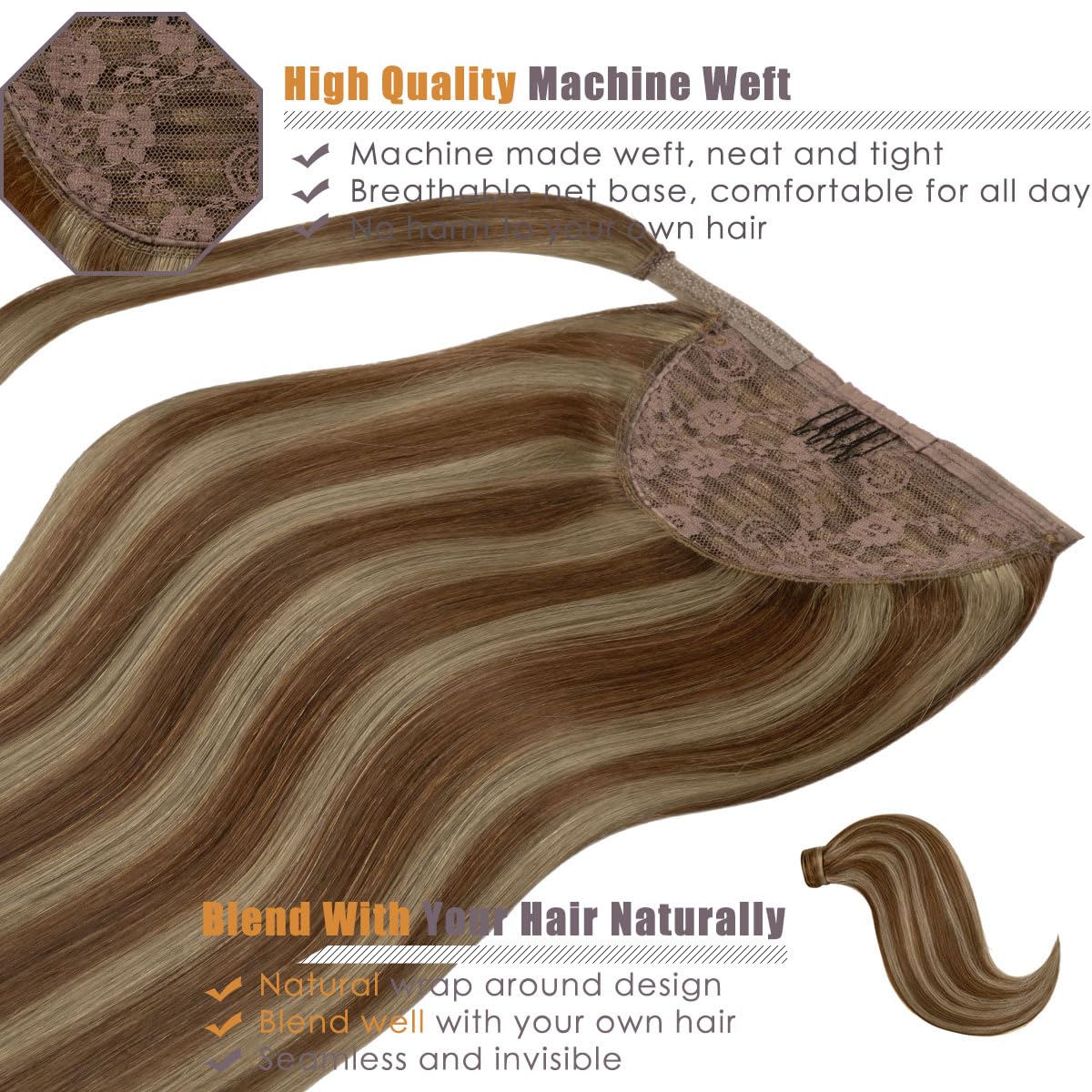 Lacer Ponytail Extension Human Hair Dark Brown With Light Brown Highlight Hair Extensions Wrap Around Ponytail For Girls Long 18