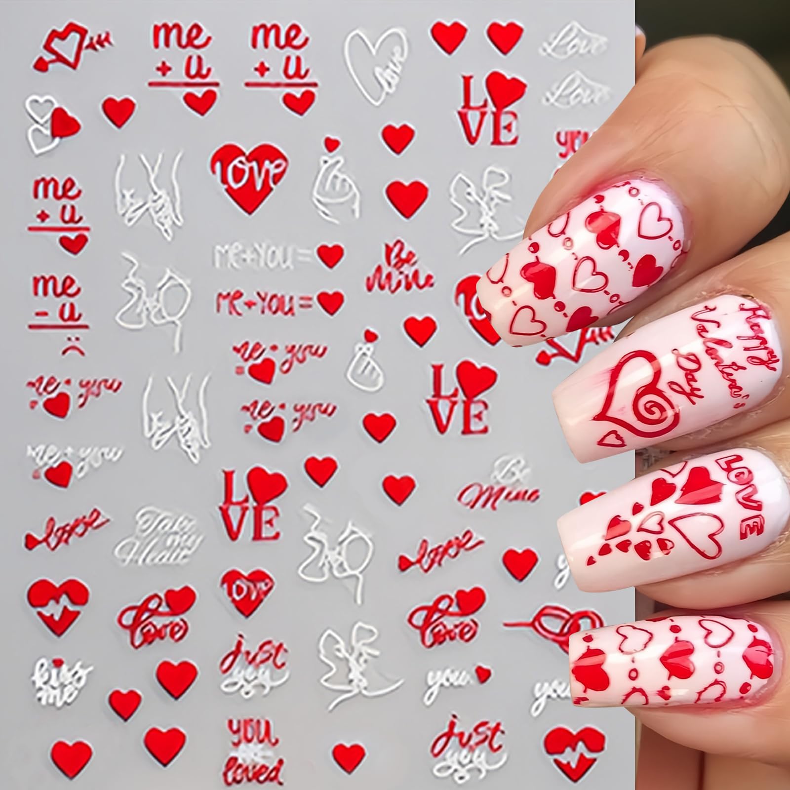 8Pcs Valentines Day Nail Art Stickers Decal Red Heart Nail Sticker 3D Self-Adhesive Red White Love Heart Letter Nail Design Vale