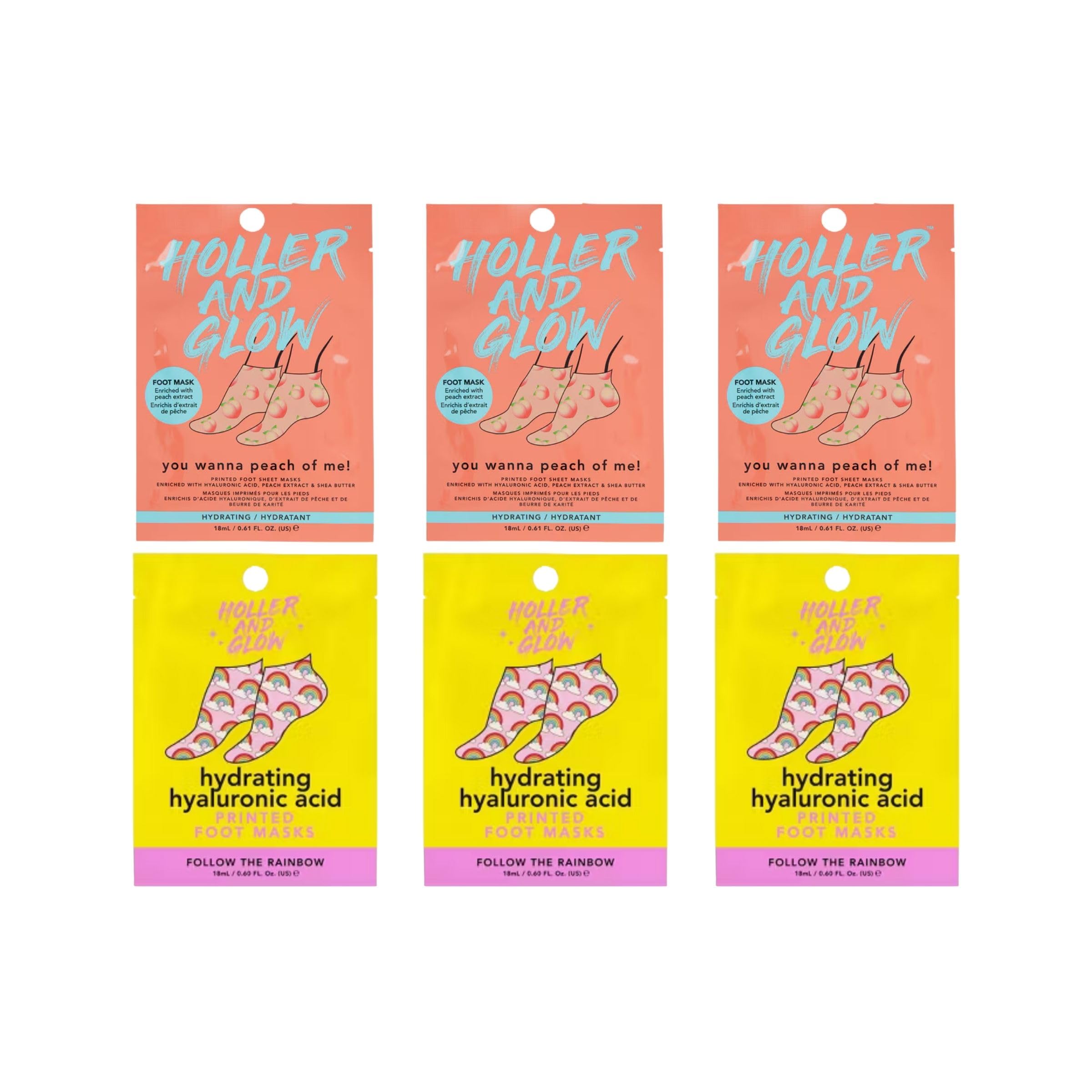Holler And Glow Printed Foot Mask Variety Pack, Masks For Dry Cracked Feet, Peach & Vanilla Scented, Infused With Hyaluronic Aci