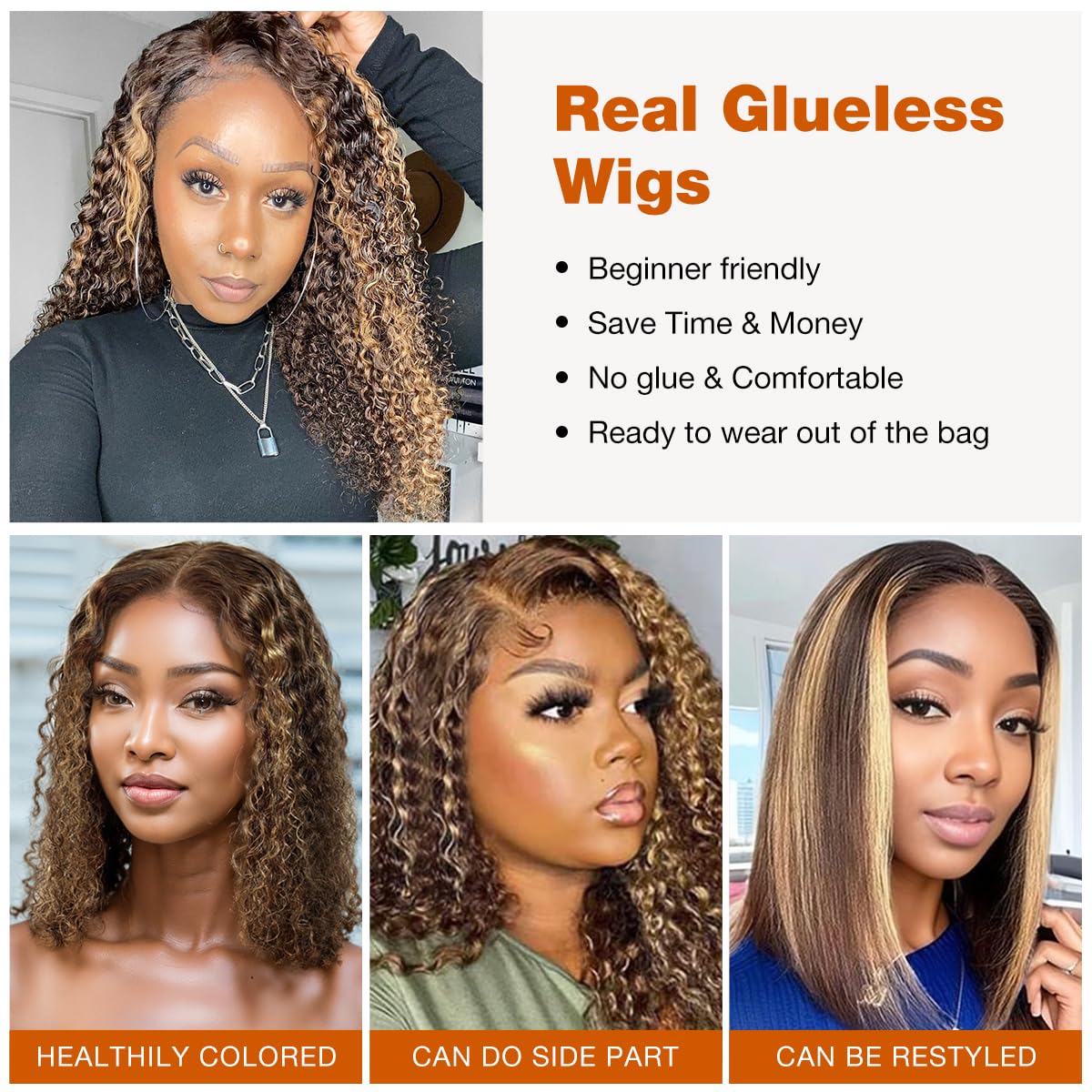 Smilegirl Highlight Glueless Bob Wig Human Hair Pre Plucked Pre Cut, P4/27 Ombre Honey Blonde Curly Human Hair Wig Glueless Wear