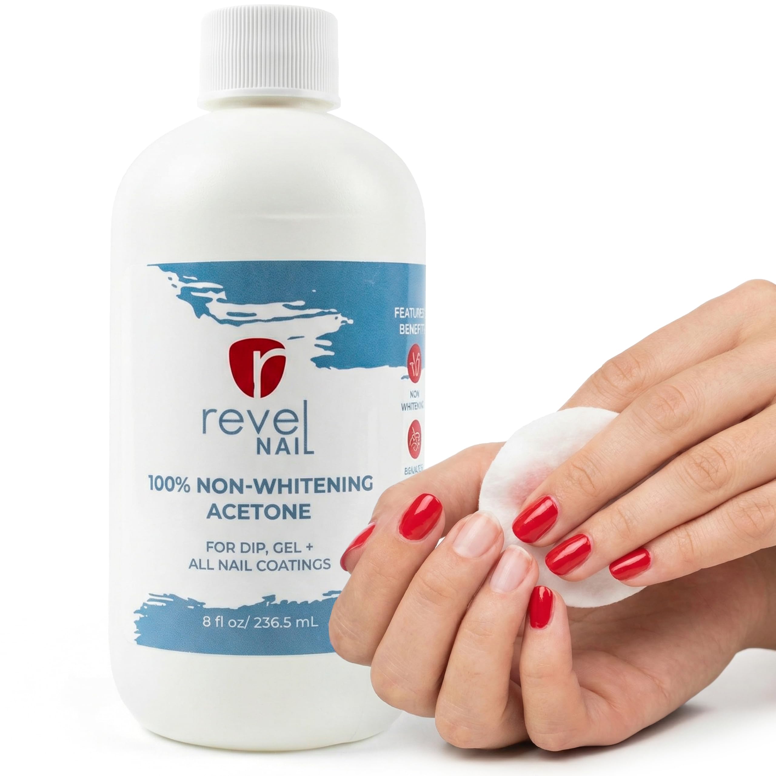 Revel Nail Pure 100% Acetone Remover, Non-Whitening Formula for Nail Polish, Gel Polish, Dip Powder and Acrylic Soak Off, Made i