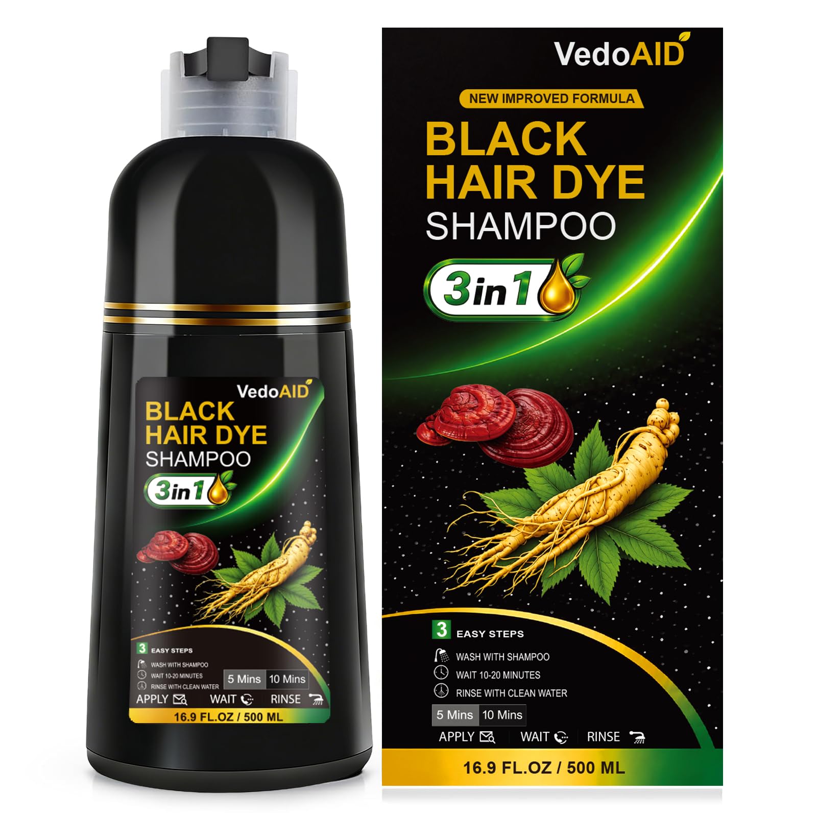 VedoAID Black Hair Dye Shampoo 3 in 1, Natural Black Color Shampoo Gray Coverage for Men and Women, Deep Moisturizing Formula, S