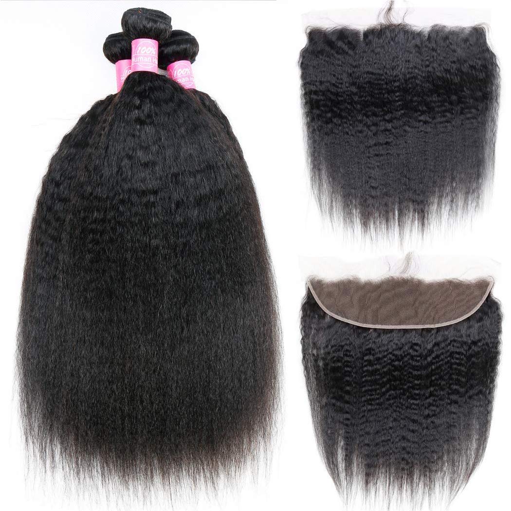Odir Kinky Straight Bundles With Frontal Brazilian Human Hair Unprocessed 9A Yaki Straight Virgin Hair 3 Bundles With 13X4 Lace