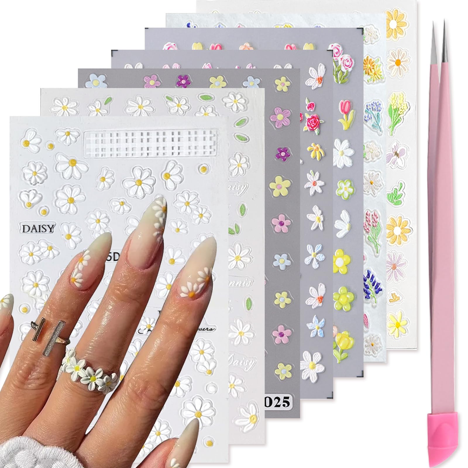 VOTACOS Flower Nail Art Stickers 7 Sheets 5D Nail Decals Spring Summer Nail Art Design 3D Self-Adhesive Nail Supplies White Yell