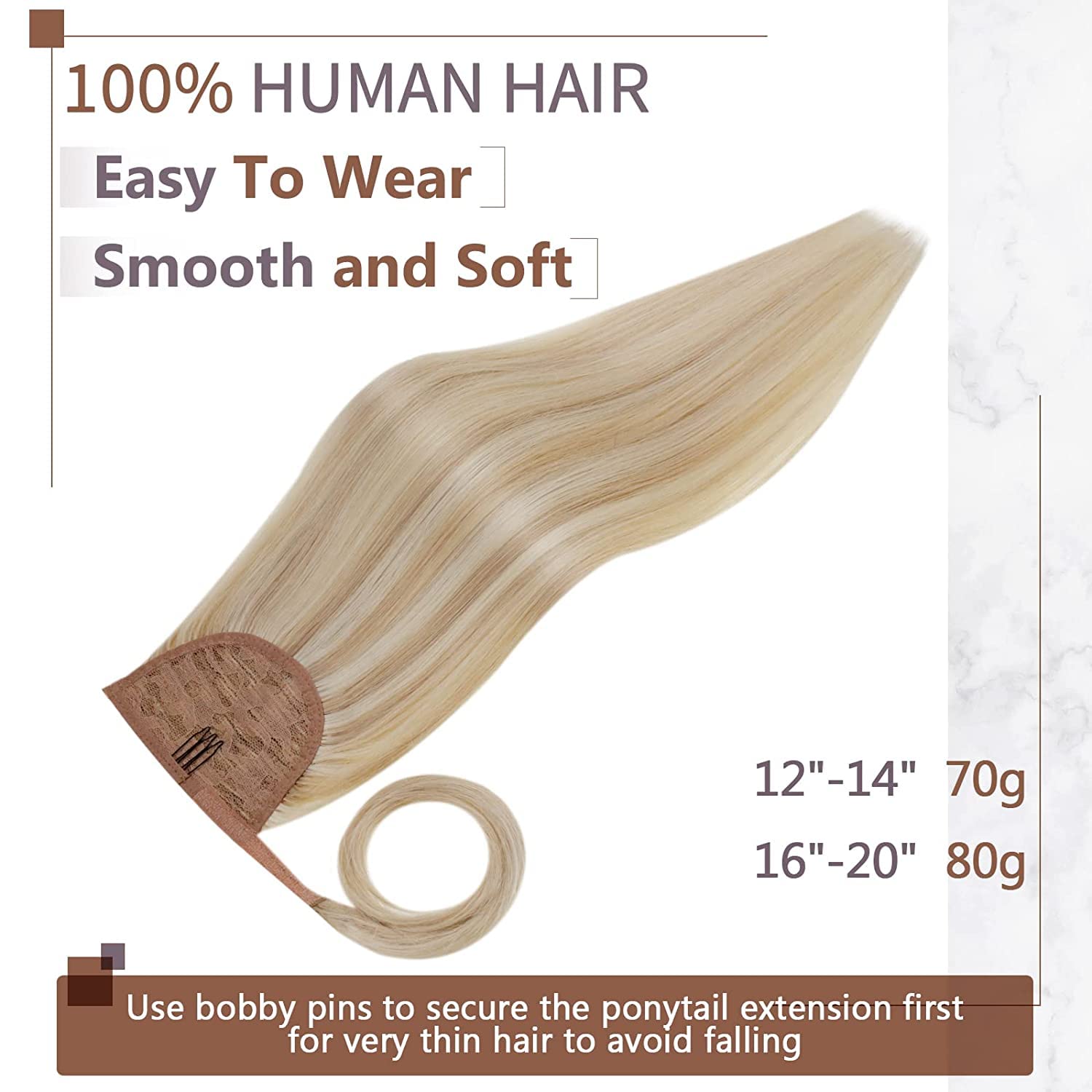 Runature 16 Inch Ponytail Extension Human Hair Ash Blonde With Platinum Blonde Human Hair Ponytail With Clip Full Ends Long Real