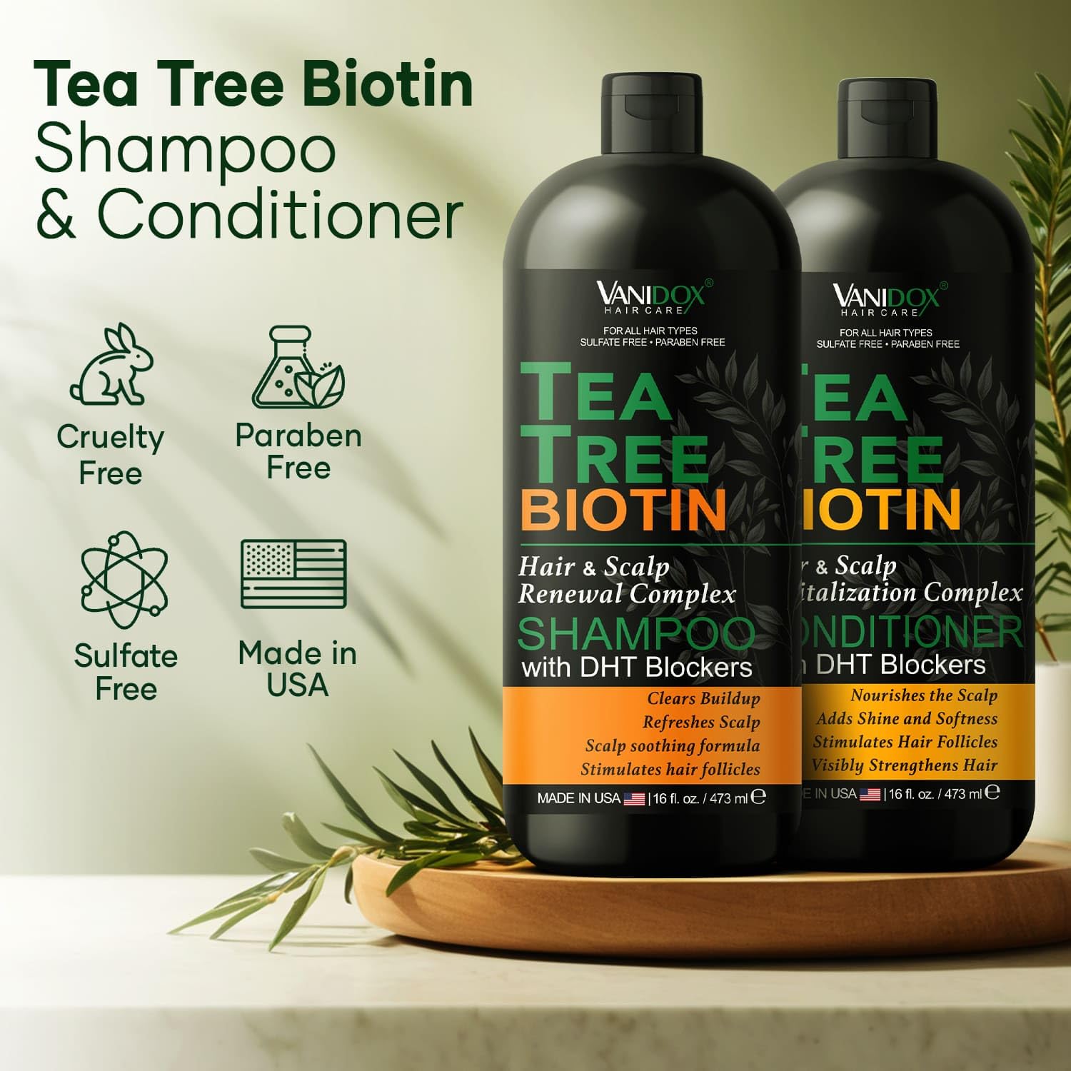 VANIDOX Tea Tree Shampoo and Conditioner Set with Biotin and 100% Pure Tea Tree Oil for Itchy and Dry Scalp - Sulfate and Parabe