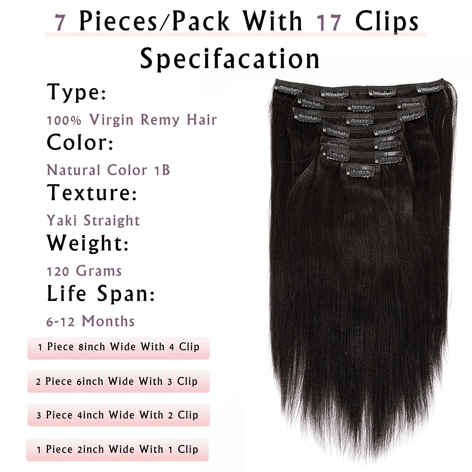 Anrosa Yaki Clip in Hair Extensions Human Hair for African American Relaxed Hair for 7 Piece 120 Gram, Natural Color Hair 12 Inc