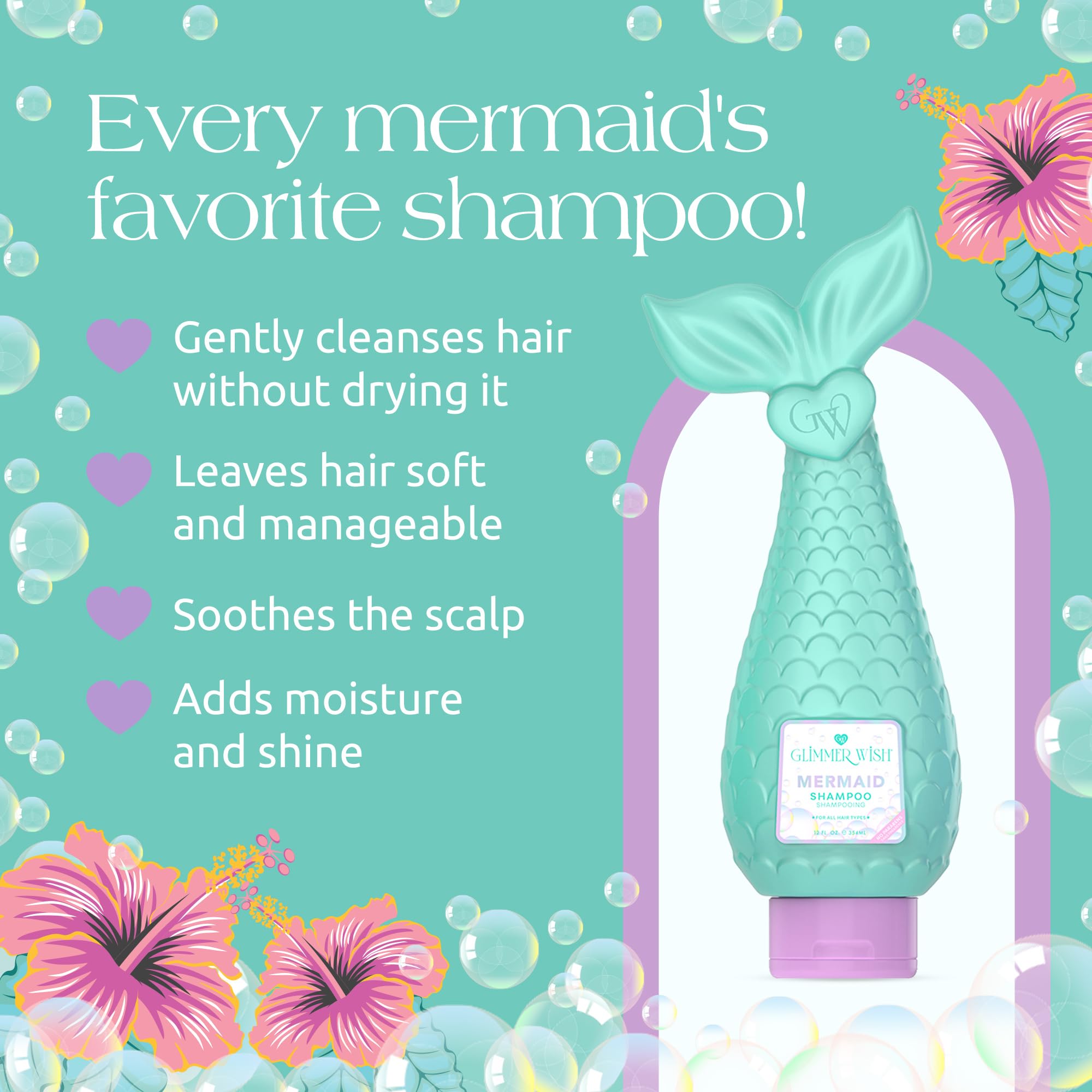 Glimmer Wish Mermaid Kids Shampoo, Paraben and Sulfate Free Shampoo for Soft and Manageable Hair, Kids Hair Care, Tropical Beach