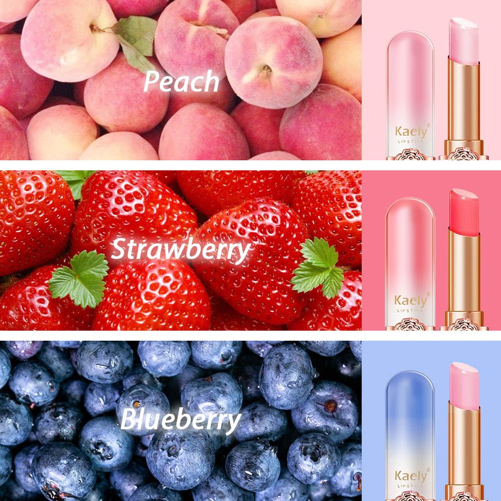 Kaely 3Pcs Peach Strawberry Blueberry Tinted Lip Balm,Ph Lipstick Color Changing Makeup Sets,Lips Plumper Tint Gloss,Korean Lip
