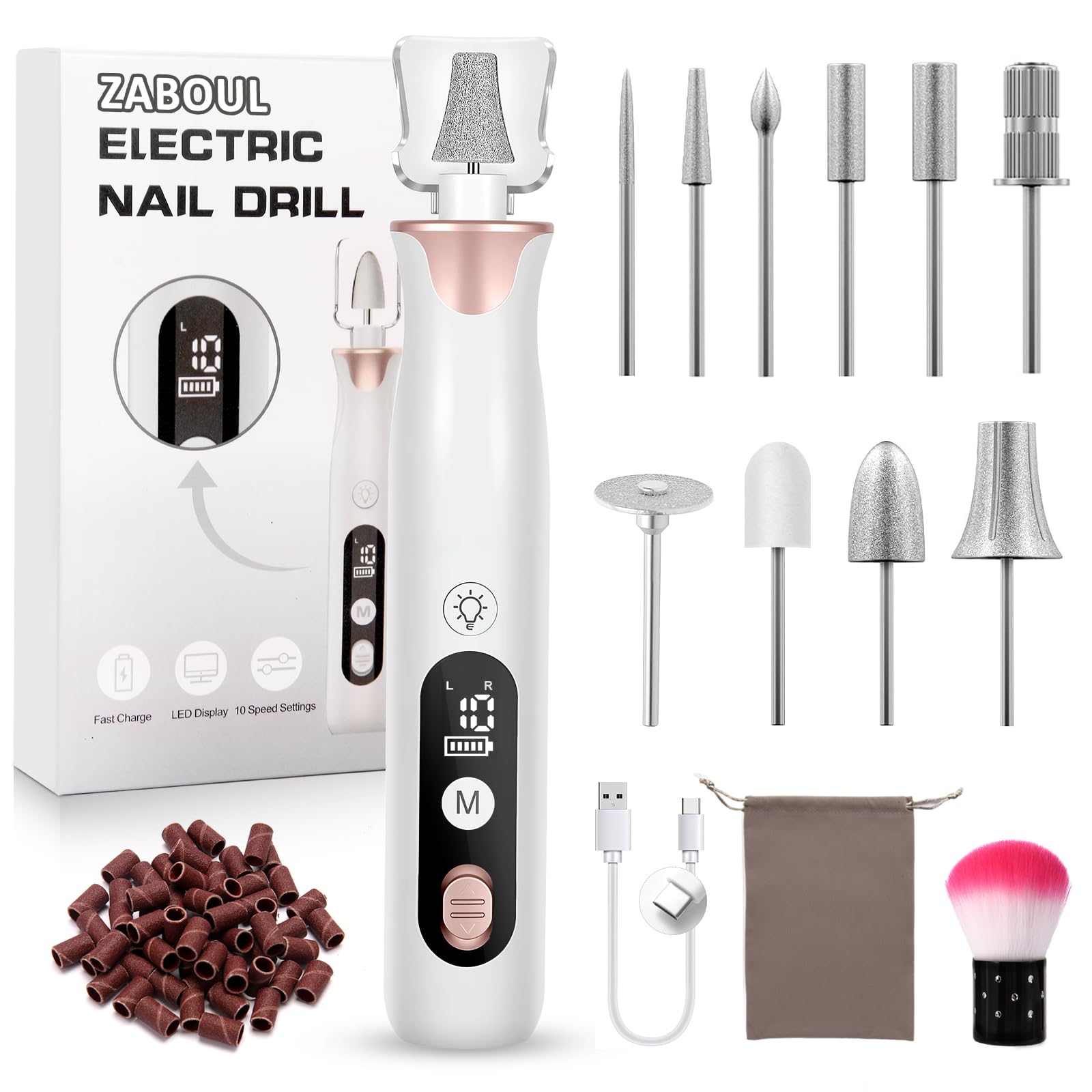 ZABOUL Electric Nail Drill Kit Cordless Professional Manicure Pedicure Nail File Buffer for Acrylic Nails Gel Polishing Removing