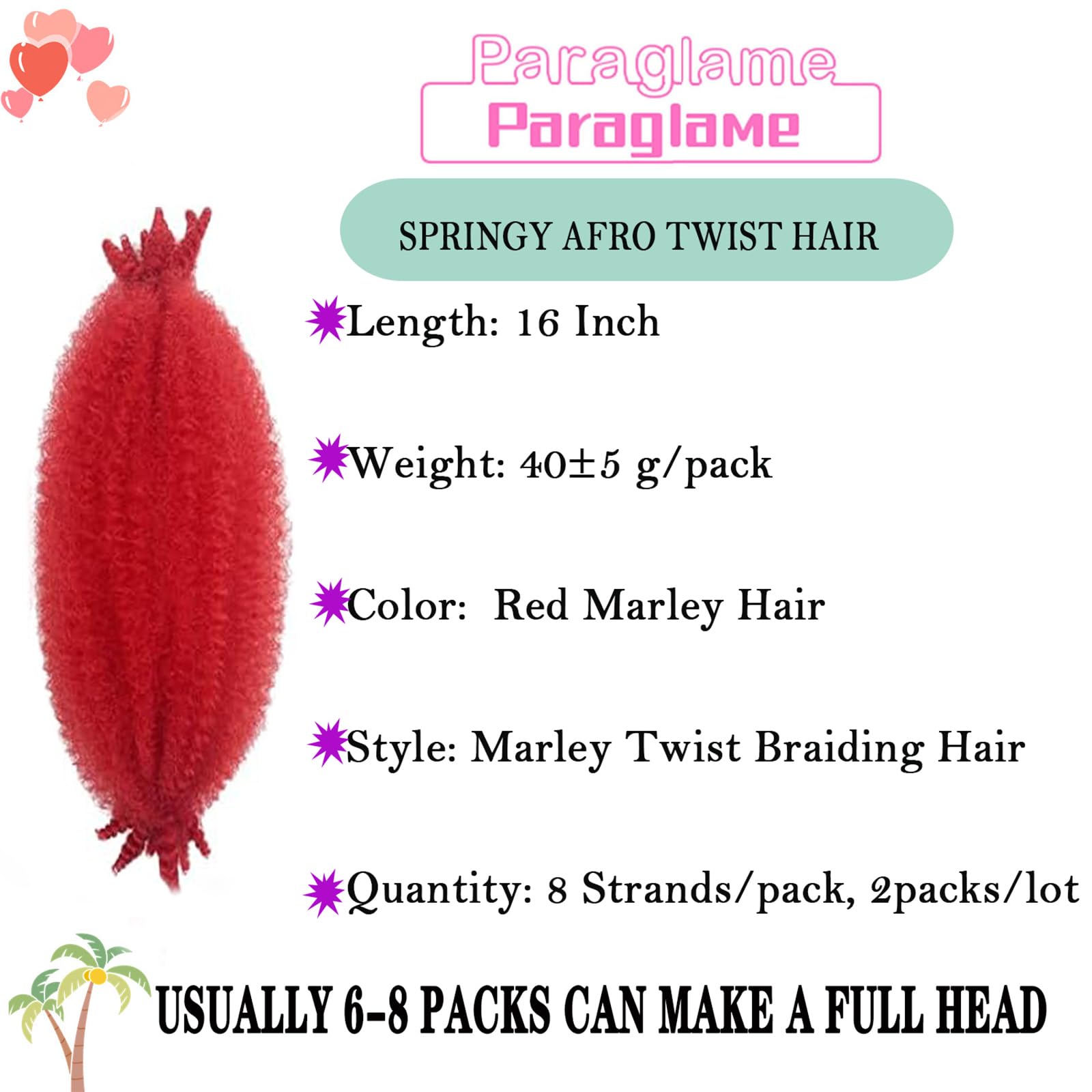 Paraglame Red Marley Hair 16 Inch Springy Afro Twist Hair 2 Packs Marley Twist Braiding Hair For Faux Locs Crochet Hair Red Brai