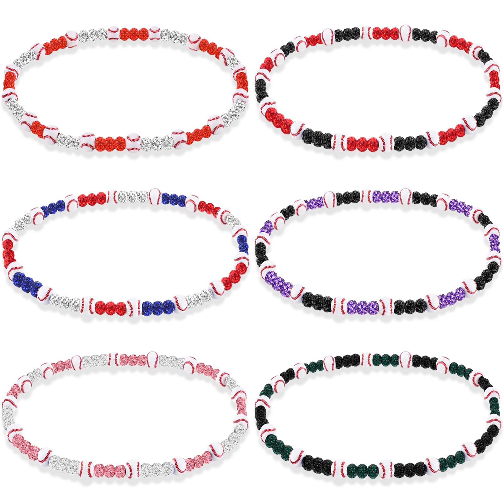 Liliaafar 6 Pcs Baseball Beaded Necklace for Teenager Bling Rhinestone Clay Beaded Necklace Gifts for Sports Team Fans(Mixed Col