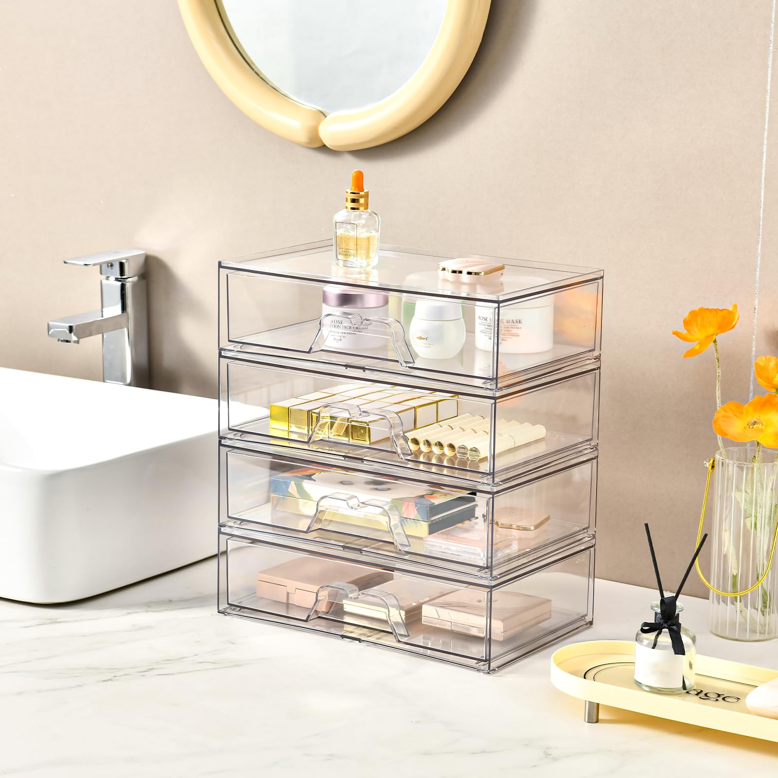 3 Pack Stackable Makeup Organizer, 12.1''L Acrylic Bathroom Organizer and Storage Undersink Drawer, Cosmetics and Beauty Supplie