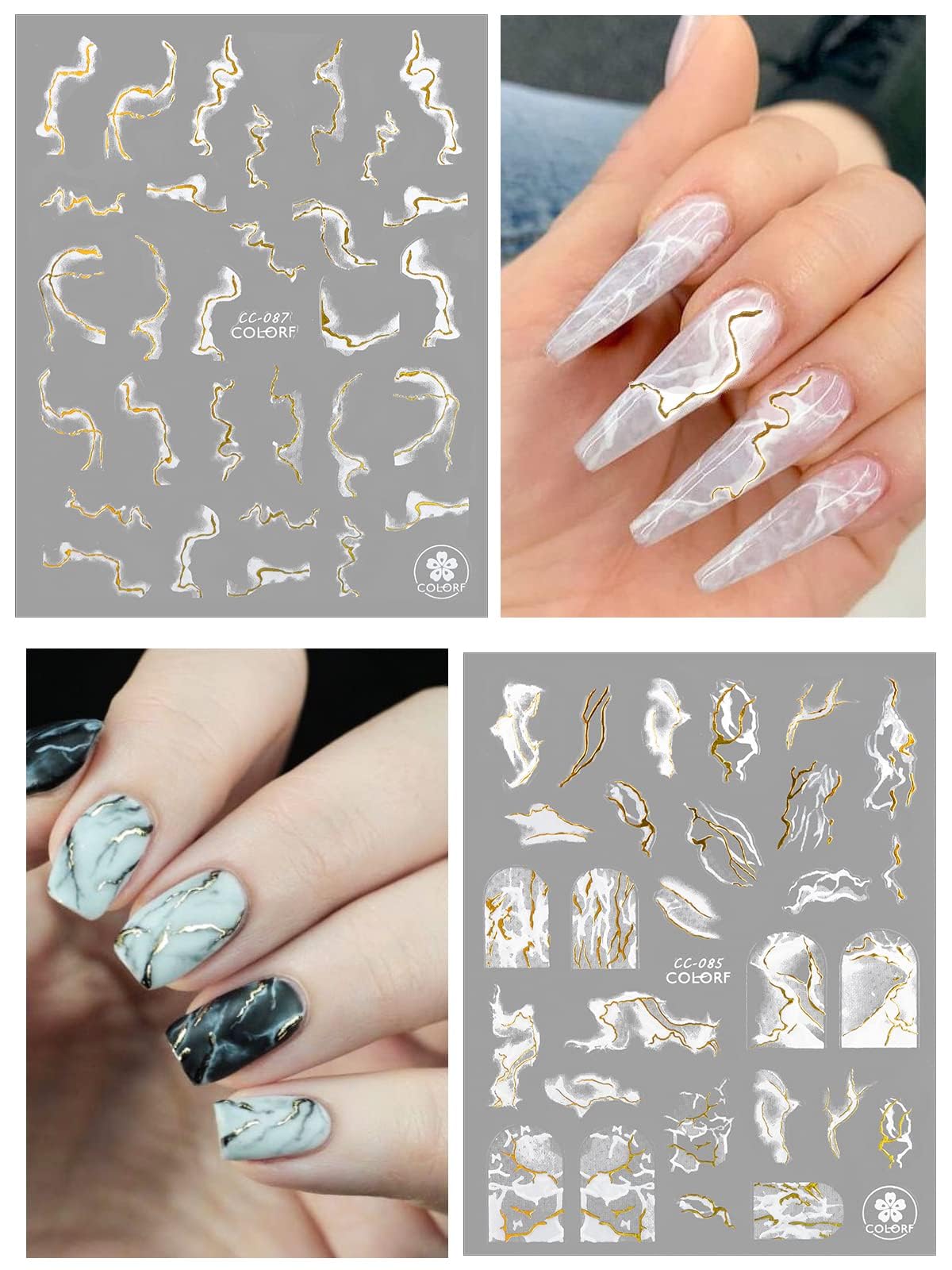 12 Sheets Nail Art Stickers Decals,Torokom Self-Adhesive White Black Gold Stripe Line Nail Decals Marble Wave Nail Sticker Suppl