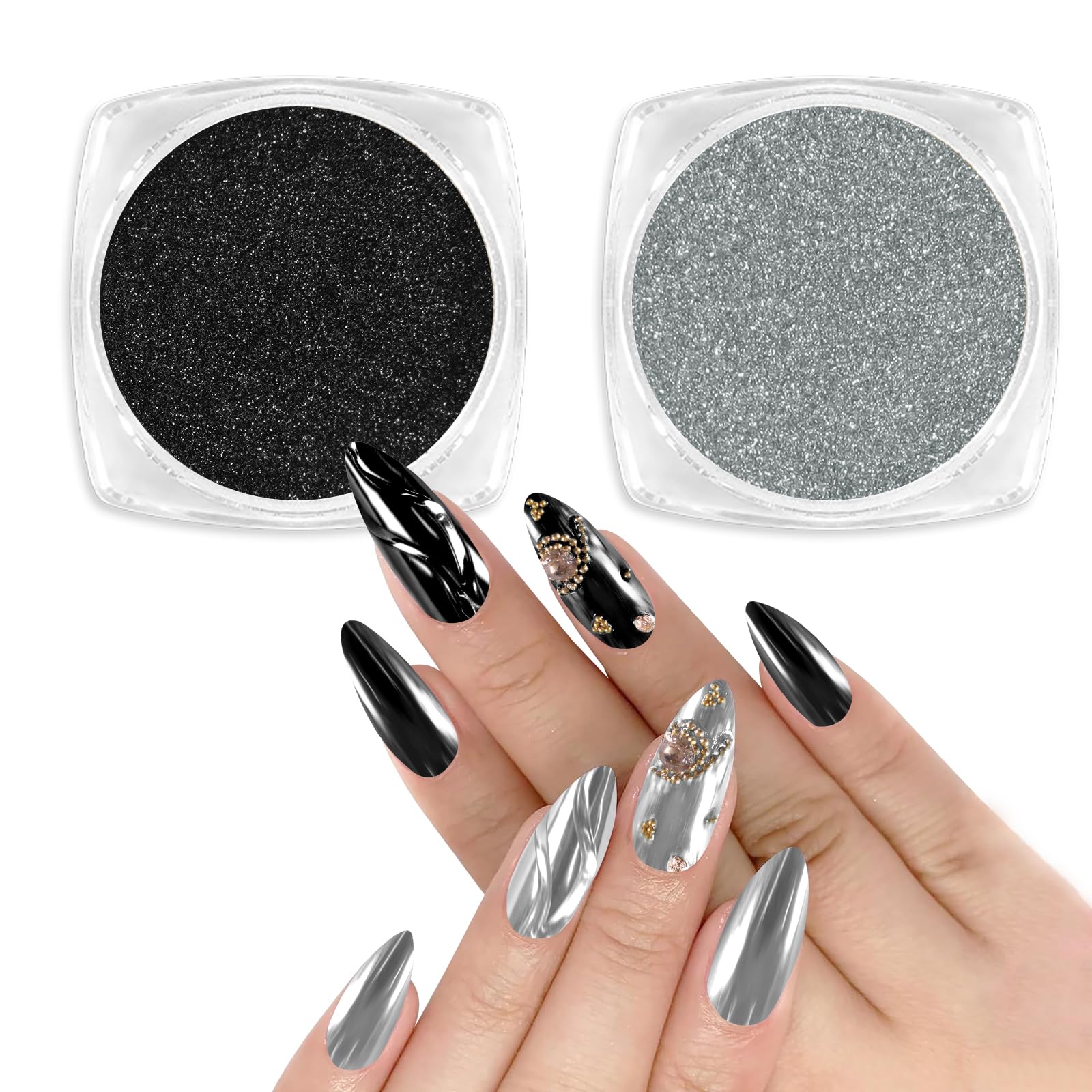 Allstarry Chrome Nail Powder 2pcs Black Silver Metallic Mirror Effect Dust Glitter Glazed Manicure Decoration Reflective Pigment