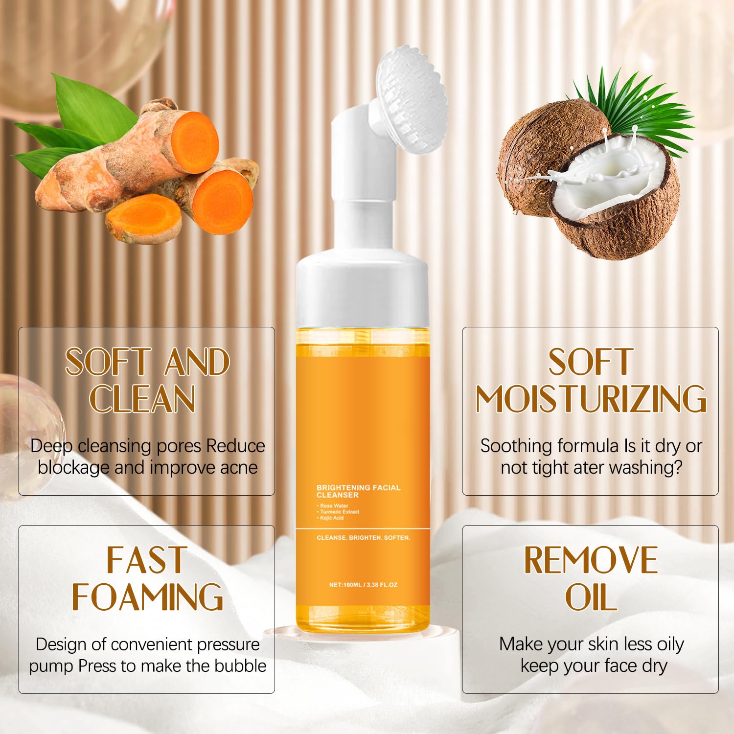 Grenben 2Pcs Turmeric Facial Cleanser, Turmeric Facial Wash, Foaming Face Wash, Turmeric Acid Foaming Cleanser, Deep Cleansing O