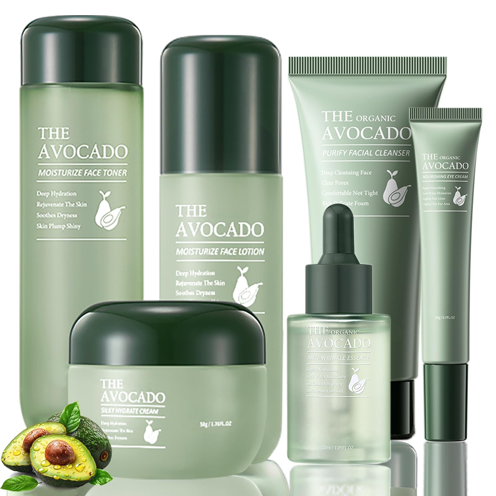 Avocado Skin Care Set for Women,6PCS Skincare Kits with Facial Cleanser, Toner, Serum, Lotion,Cream, Eye Cream, Moisturizing Kor