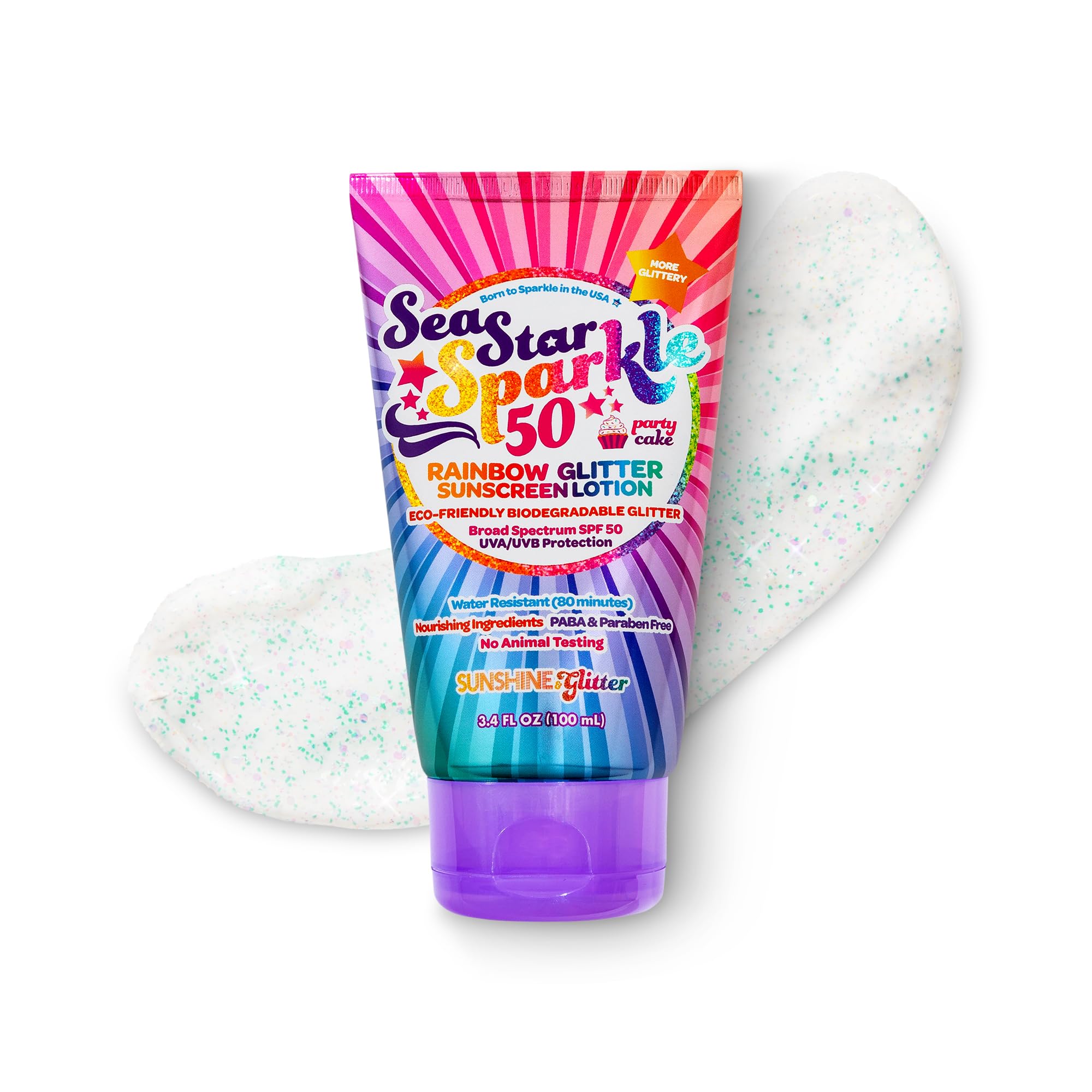 Seastar Sparkle - Rainbow Party Cake Scented Glitter Sunscreen - Spf 50 - Biodegradable Sunscreen, Kids, Water Resistant, Glitte