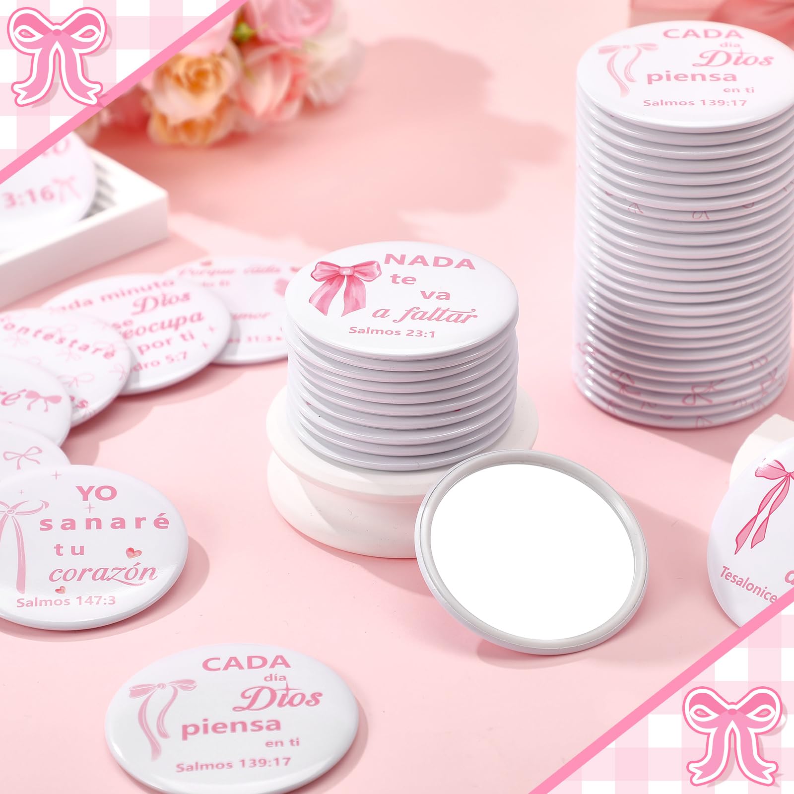 Namalu 48 Pcs Pink Bow Coquette Mini Pocket Mirrors Breast Cancer Awareness Inspirational Christian Gifts Bulk for Women Portabl