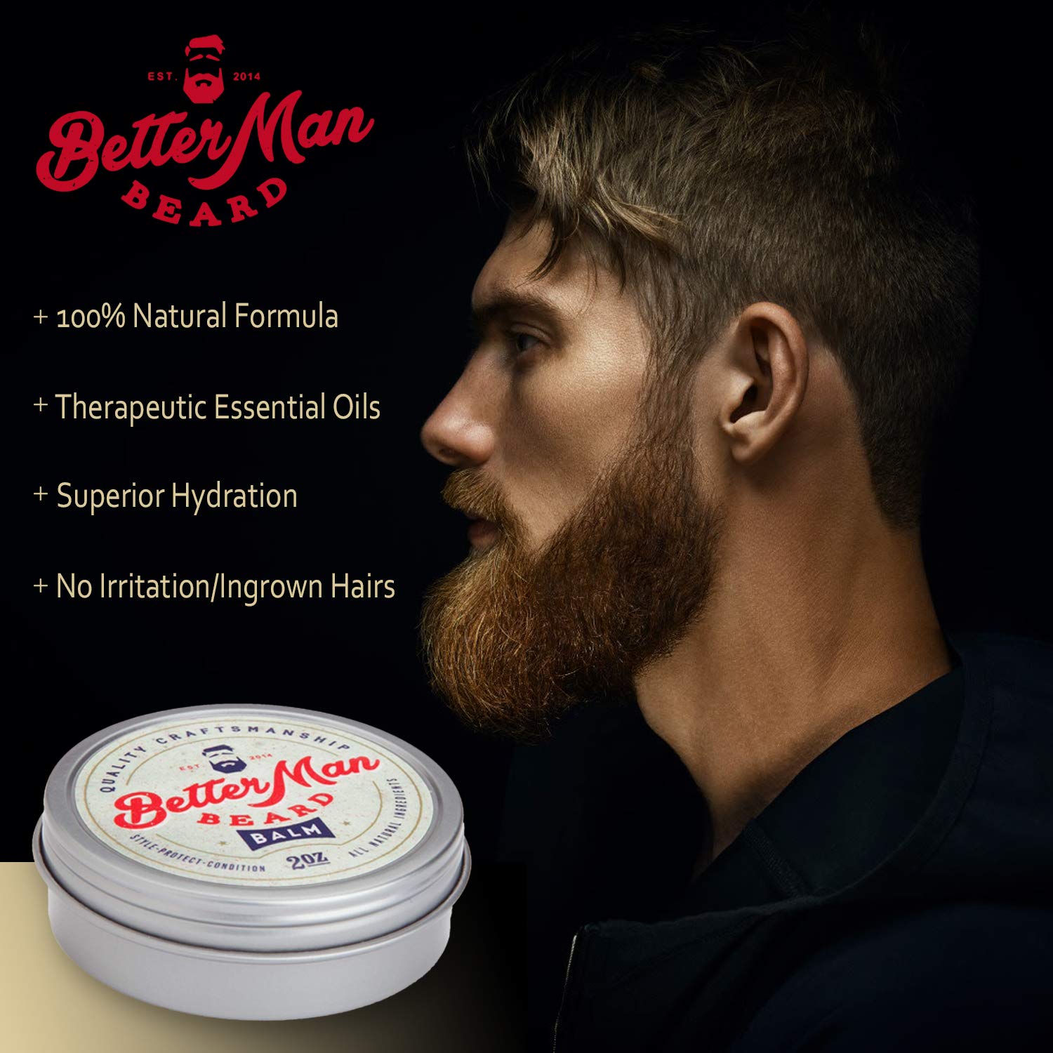 Better Man Beard Balm - 2 Oz All-Natural Moisturizing Beard Balm With Therapeutic Grade Essential Oils & 100% Natural Formula -
