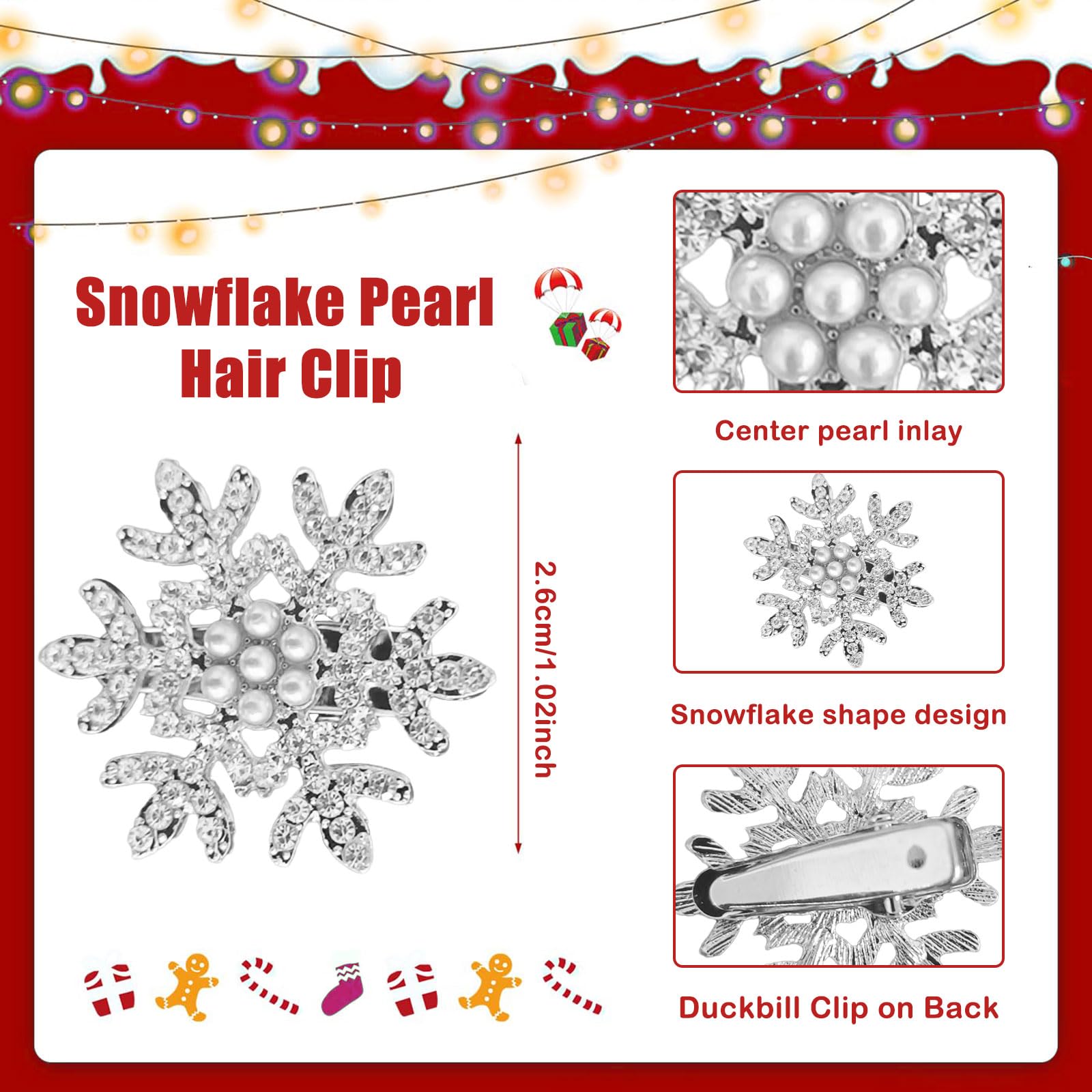 Paderison 6PCS Snowflake Hair Clips for Women Sparkly Rhinestone Hair Barrettes Silver Small Hair Clips Mini Pearl Clips Hairpin