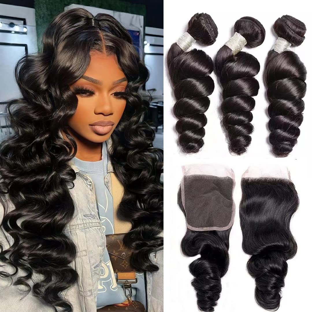 Ralisa Human Hair Bundles Loose Wave Bundles with 4x4 lace Closure (10 12 14+10in) Loose Wave Human Hair Bundles Loose Deep Wave
