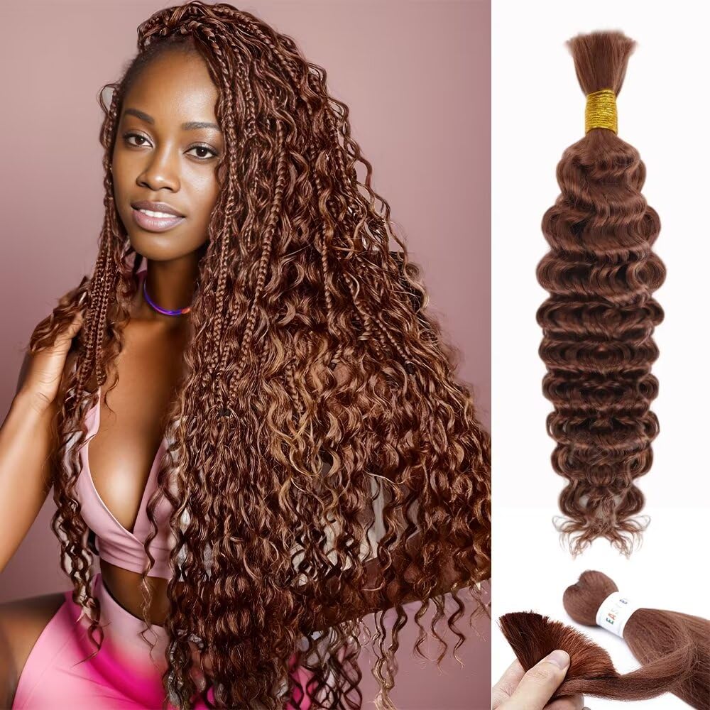 Brown Braiding Hair 1 Bundle 50G 24 Inch Color 30 Braiding Hair Deep Wave Human Hair Braiding Hair Water Wave Bulk Human Hair Fo