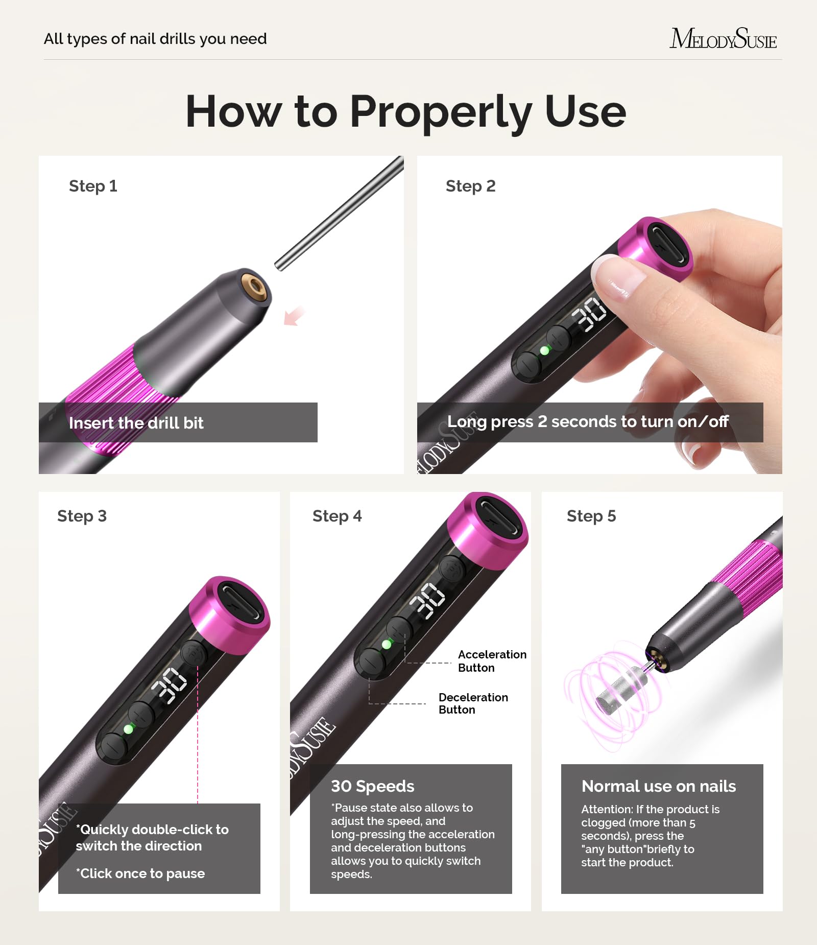 MelodySusie Pen-Shaped Ultra-Slim Cordless Nail Drill,PM180G 30000RPM Portable Rechargeable Electric File with Rotary Lock Desig