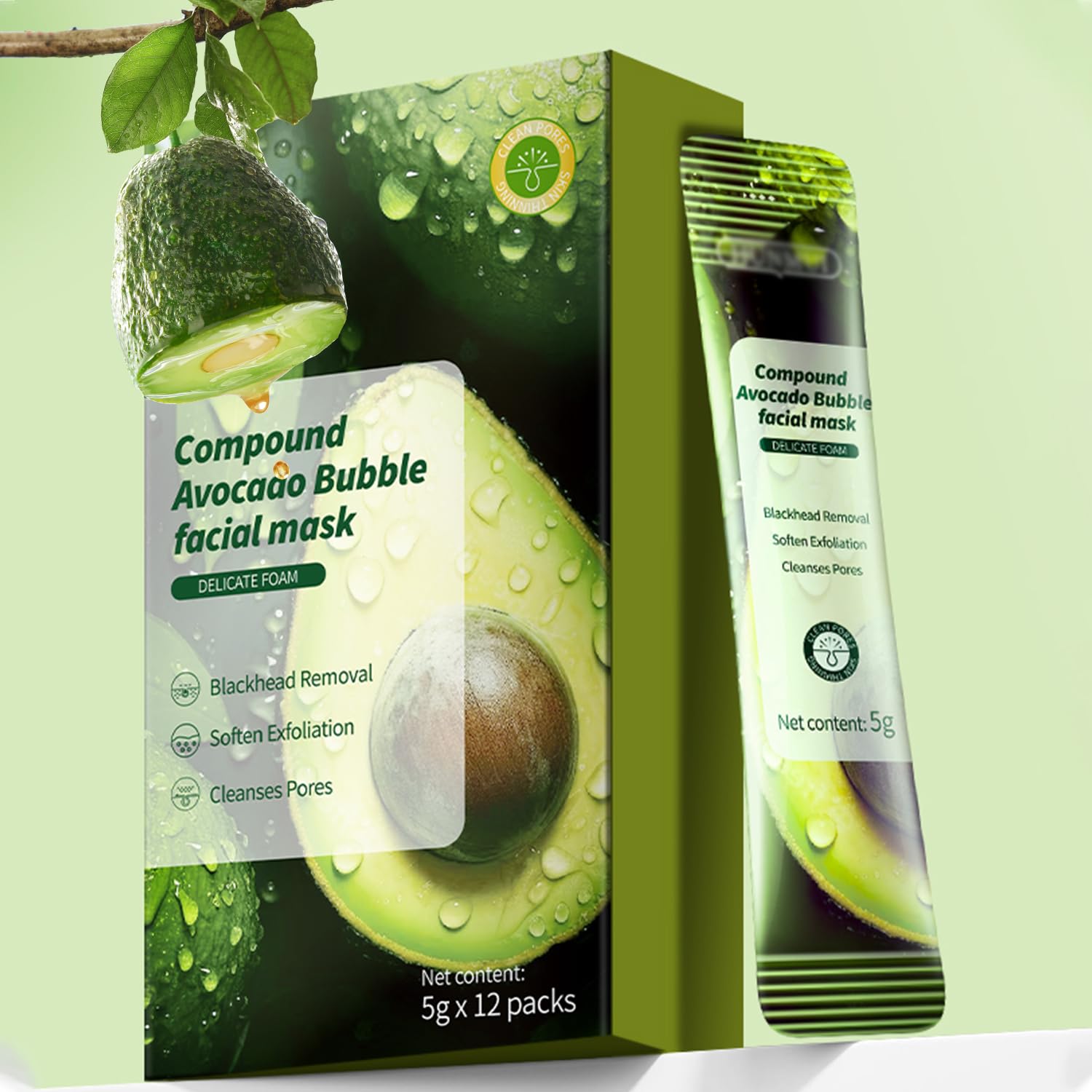 ERRECI Avocado Bubble Face Mask, Avocado & Complex Acid for Moisturizing, Remove Blackheads, Shrink Pores & Deeply Clean (12PCS