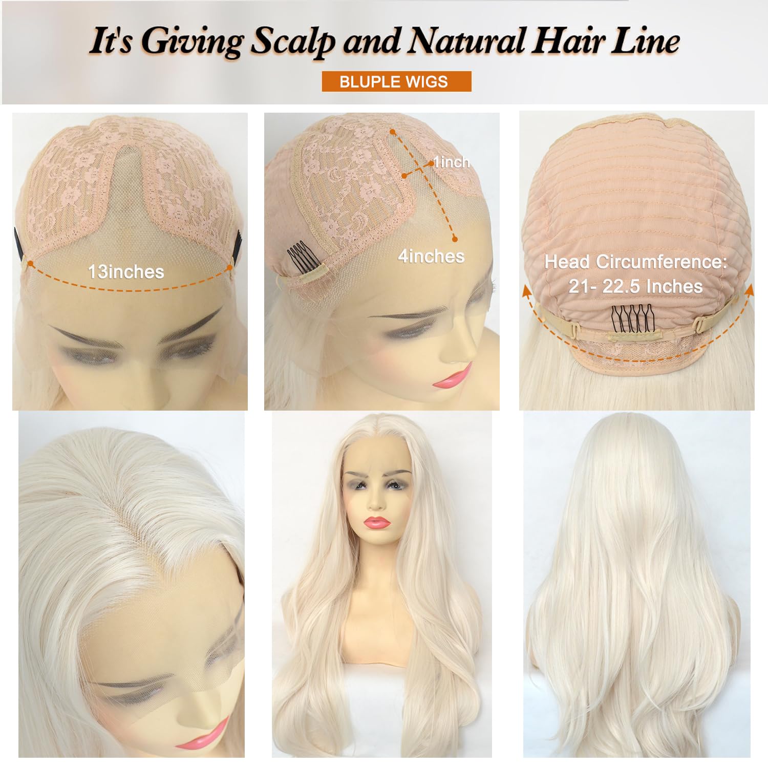 Bluple Platinum Blonde 60# Synthetic 13X4X1 T-Lace Front Wig Long Natural Wavy Heat Resistant Synthetic Hair Replacement Full Wi