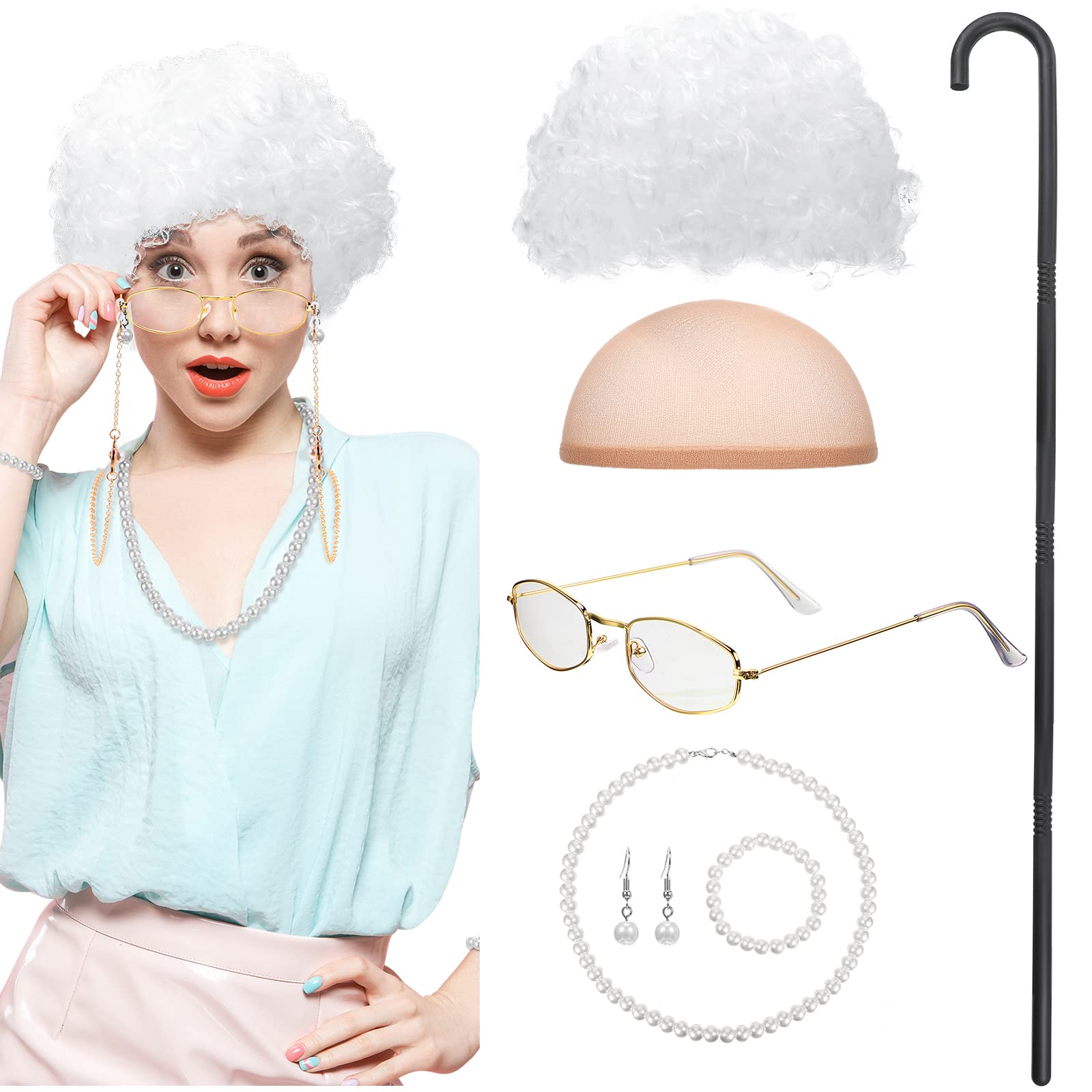BBTO Old Lady Cosplay Set Grandma Gray Wig for Women Walking Cane Glasses Chain Cords Faux Pearl Bead Necklace(White Curly Wig)