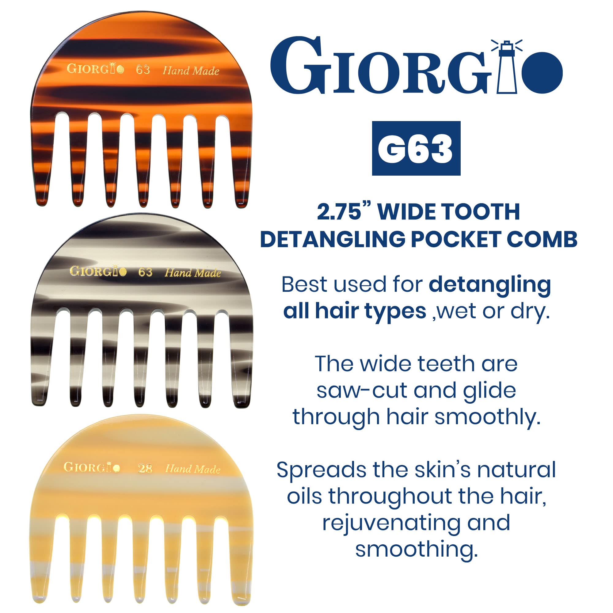 Giorgio G63 Small Travel Purse Hair Detangling Comb, Wide Teeth Pocket Comb for Thick Curly Wavy Hair. Hair Detangler Comb For W