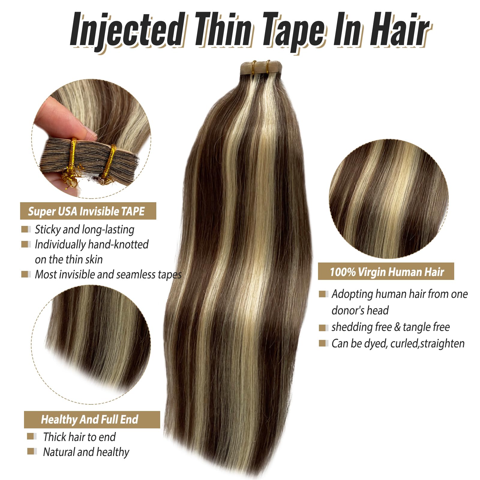 Remy Tape In Hair Extension Invisible Seamless Skin Weft Human Hair Tape In Extensions 24Inch 20Pcs 70G Medium Brown With Bleach