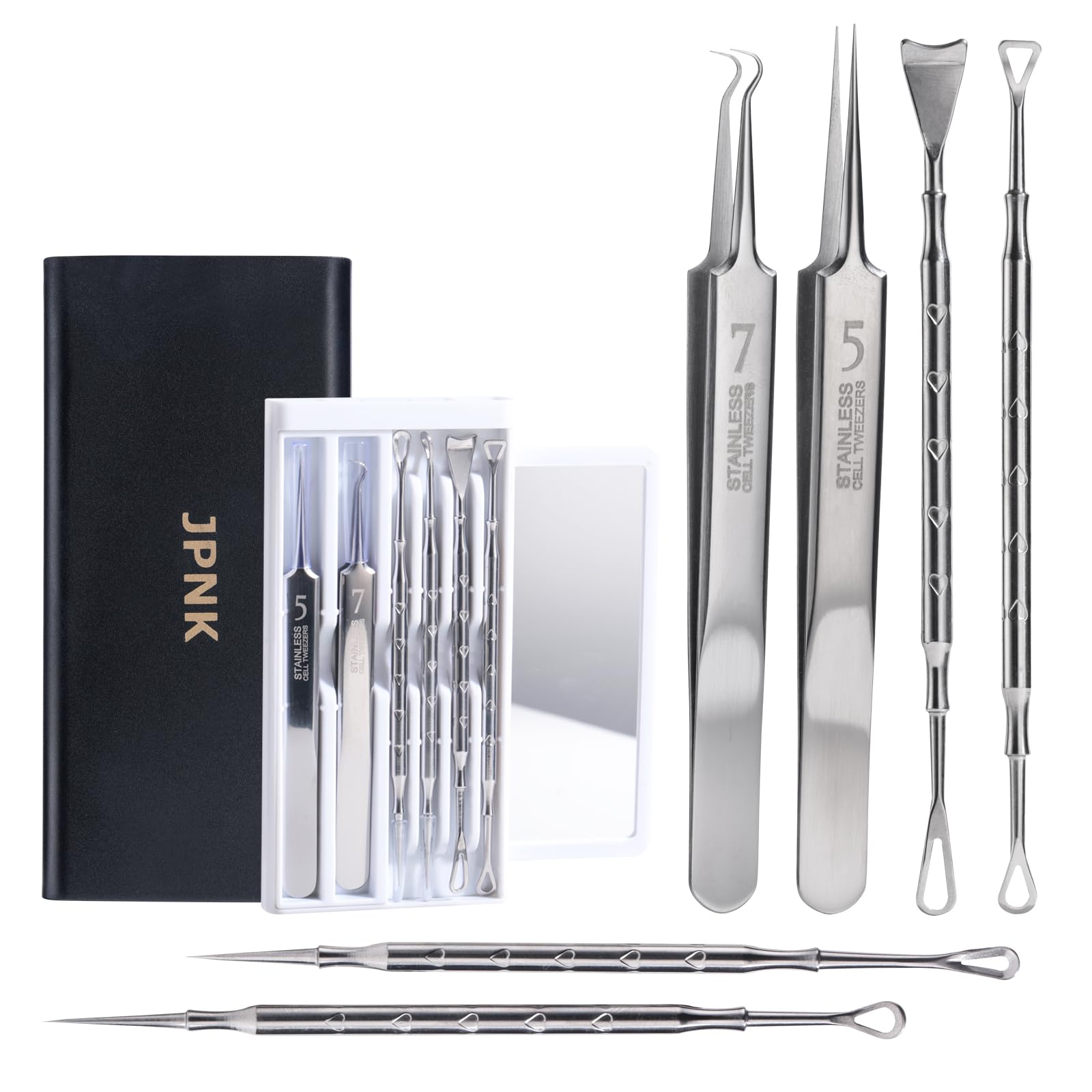 JPNK Black Acne Extractor Tool, Professional Stainless Pimple Acne Blemish Removal Tools Set with Mirror