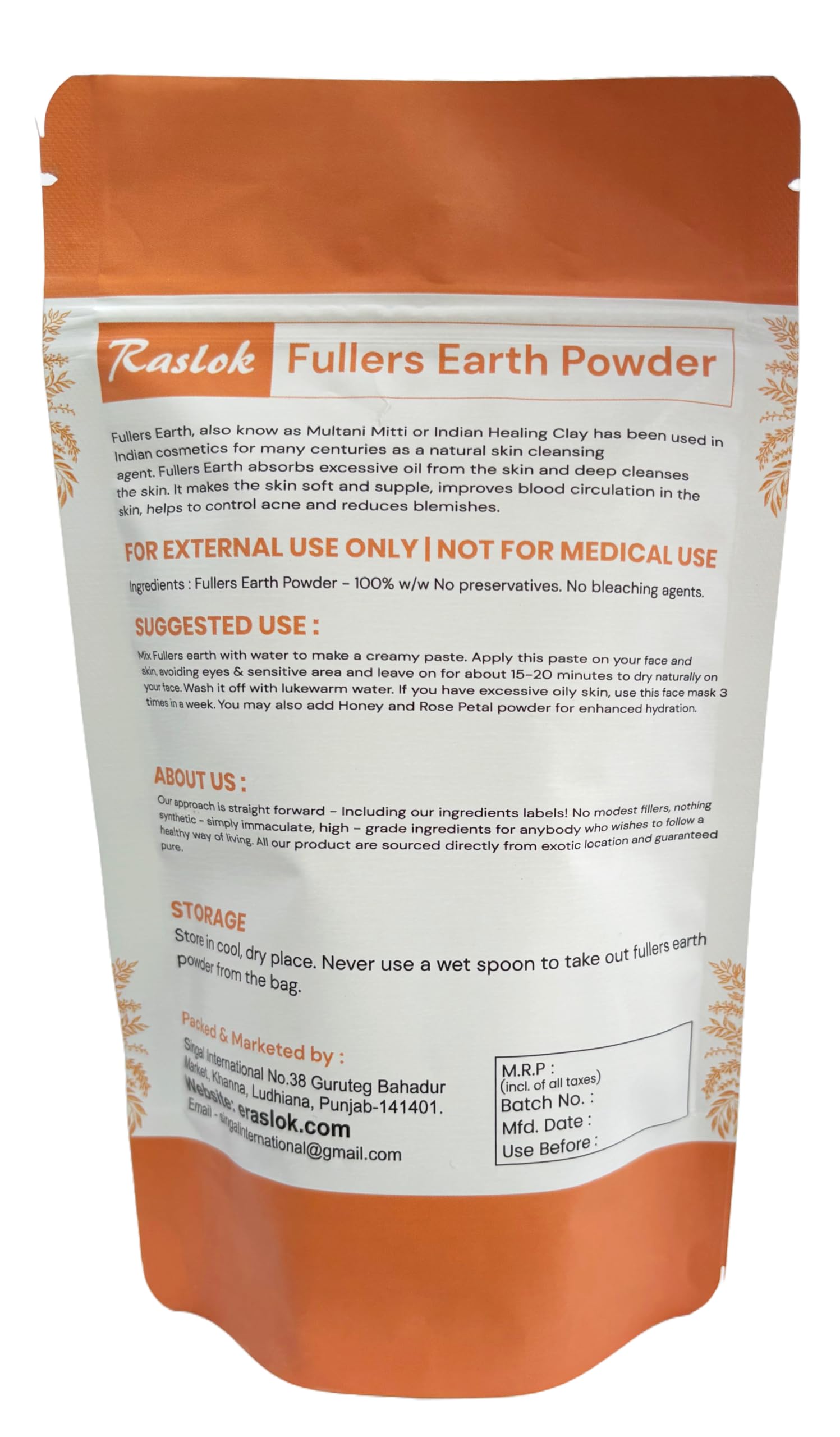 Raslok 100% Pure Fullers Earth Powder | Multani Mitti Organic for Face | No Added Fragrance | Natural Face Mask Mud Mask Pack (3