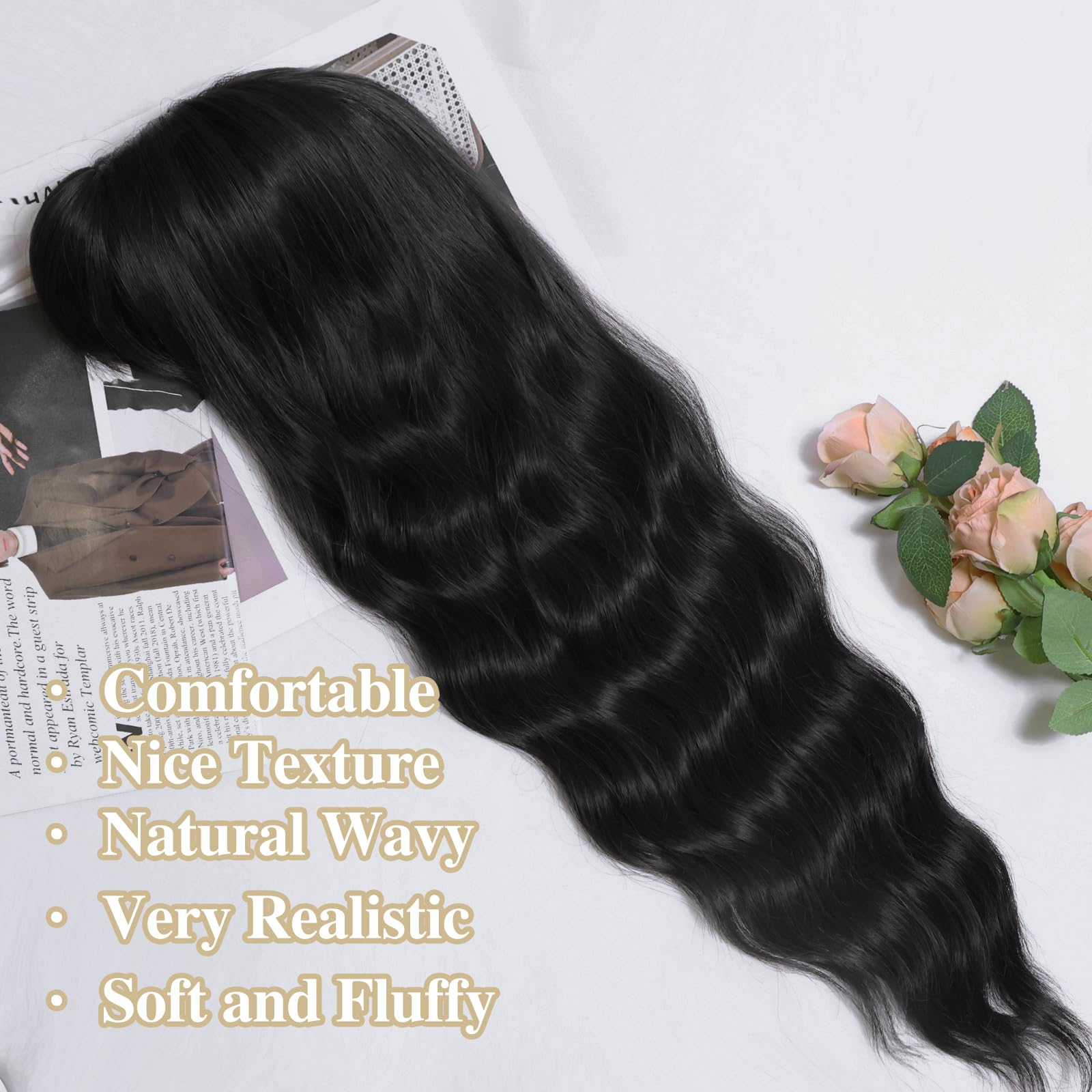 Entranced Styles Black Wig With Bangs Long Black Wigs For Women Long Curly Wavy Synthetic Wig Natural Looking Realistic Wigs For