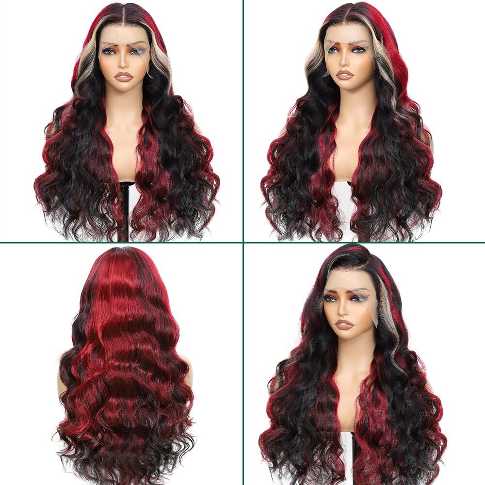 Aolvoblees Red Blonde Black Skunk Stripe Human Hair Wig 250% Density 13X4 Body Wave Highlight Burgundy Ombre HD Lace Front Front