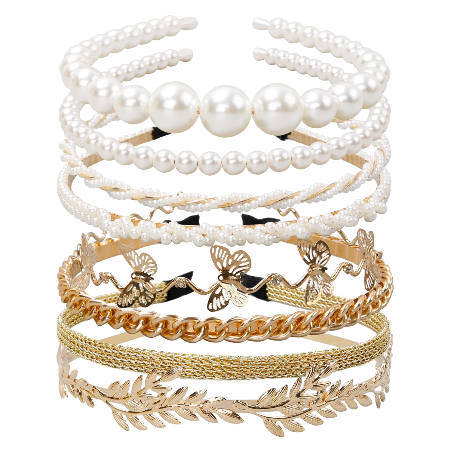 WOVOWOVO Pearl Headbands for Women 8 Pack, White Faux Pearls Hairband Gold Metal Headband Butterfly Flower Hairbands, Bridal Hai