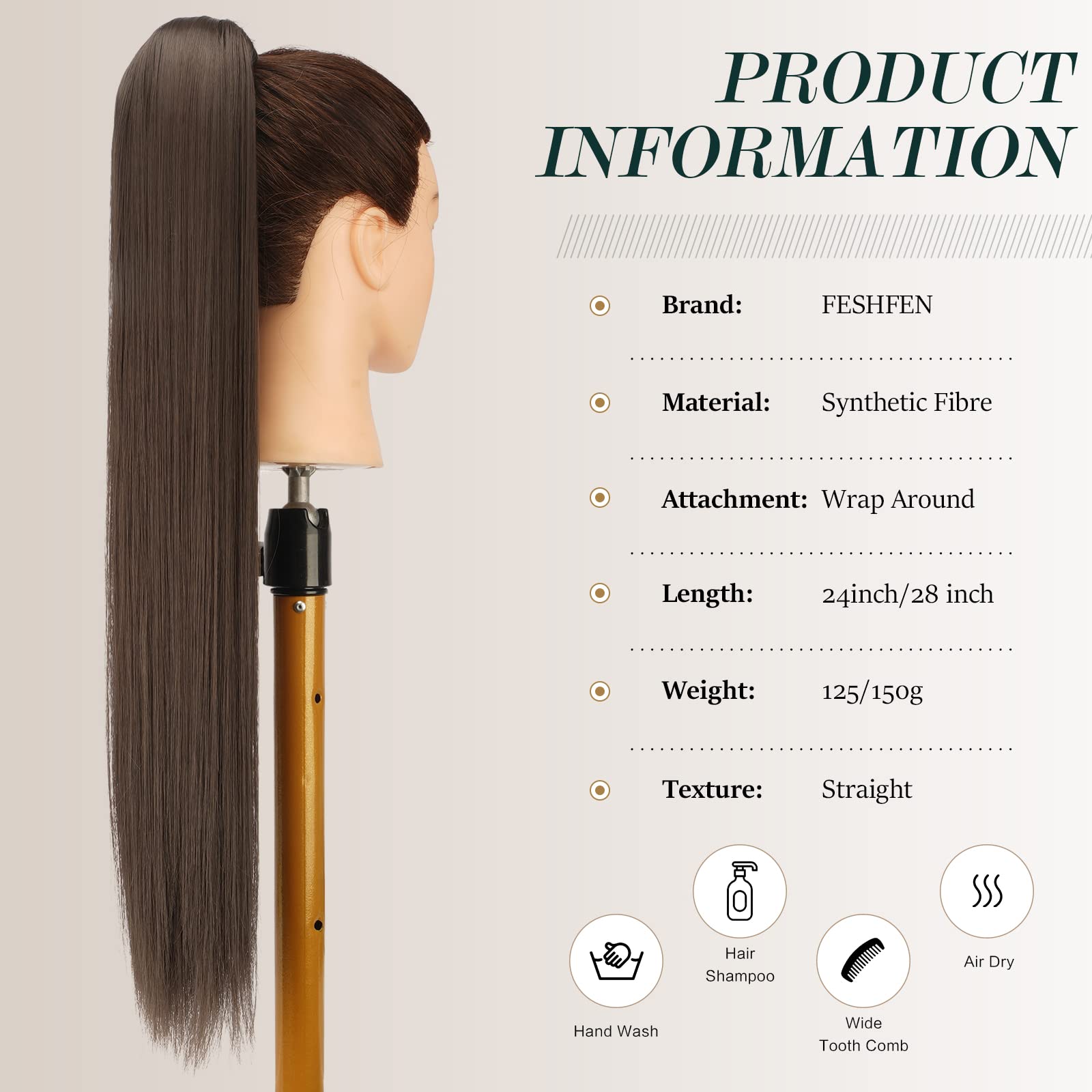 Feshfen Straight Long Ponytail Extensions 24 Inch Wrap Around Synthetic Ponytails Hair Piece Pony Tail Hair Extensions Hairpiece
