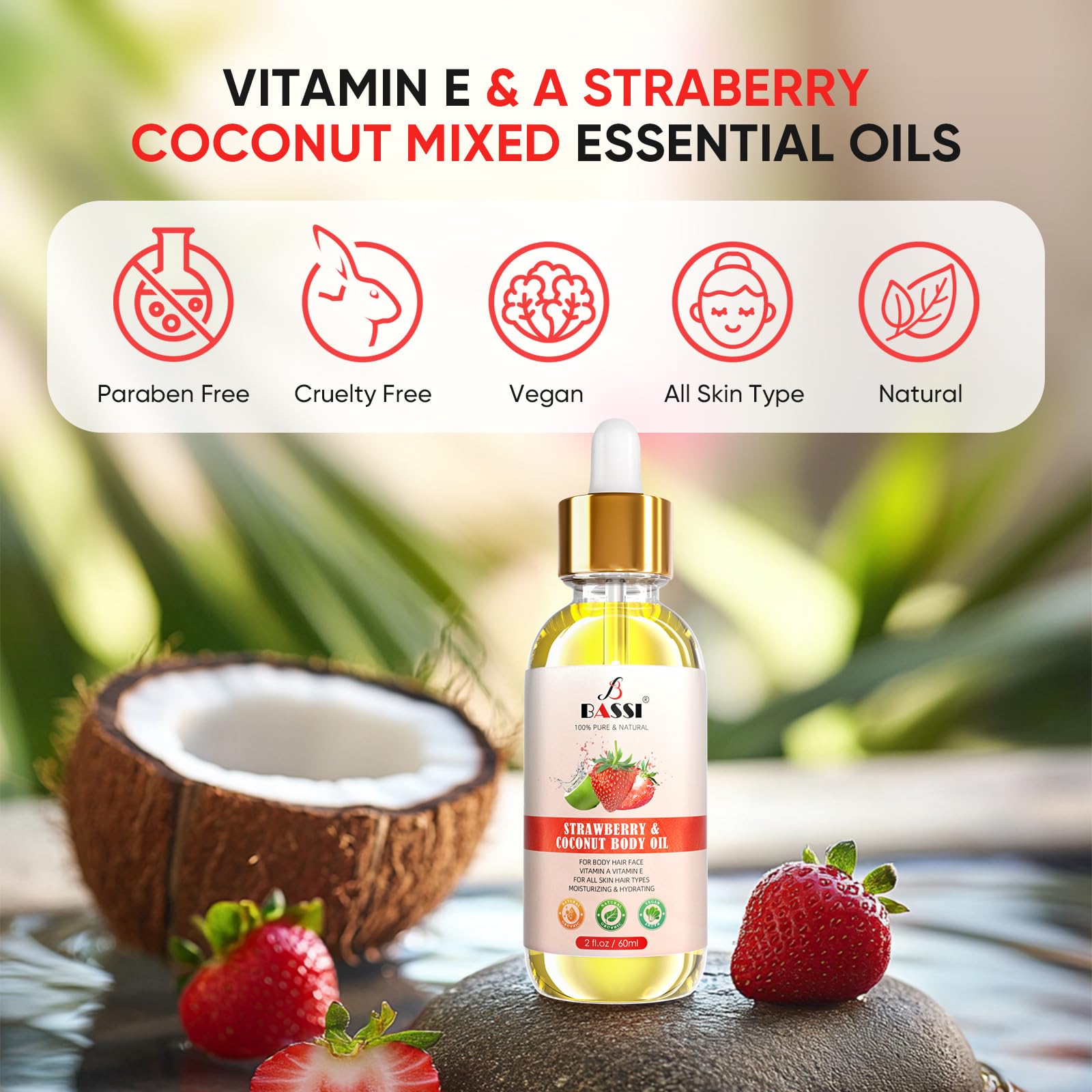 Bassi 2Pcs Organic Coconut Oil Strawberry Moisturizing Body Oil With Vitamin E, Bath Oil For Dry Skin Hydrating, Body Oil, Relax