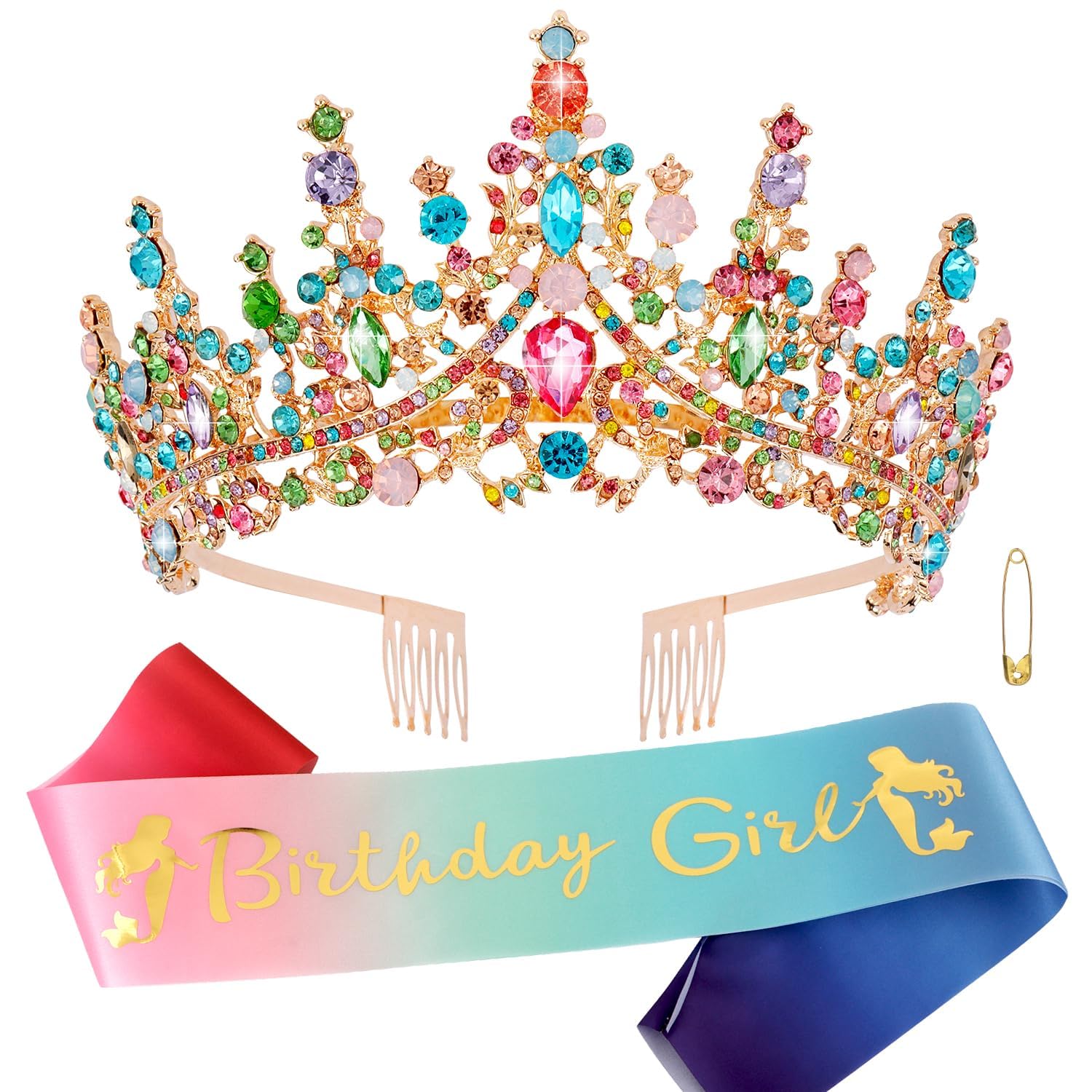 ATODEN Birthday Girl Sash Tiara Queen Crown Tiaras and Crowns for Women Girls Multicolor Crystal Princess Tiara Rhinestone Headb