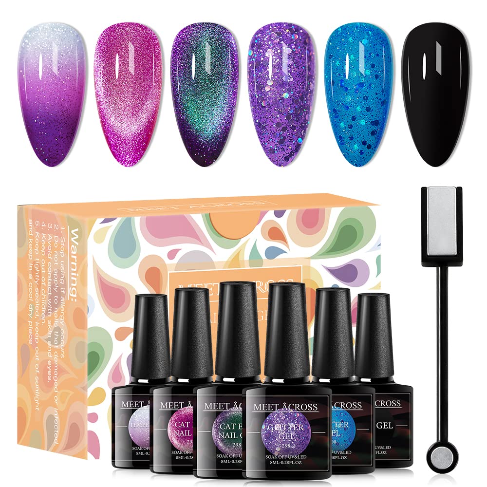 MEET ACROSS Cat Eye Gel Nail Polish Set 6 Colors Collection Color Changing Gel Polish Kit Soak Off Nail Lamp Glitter Gel Phantom