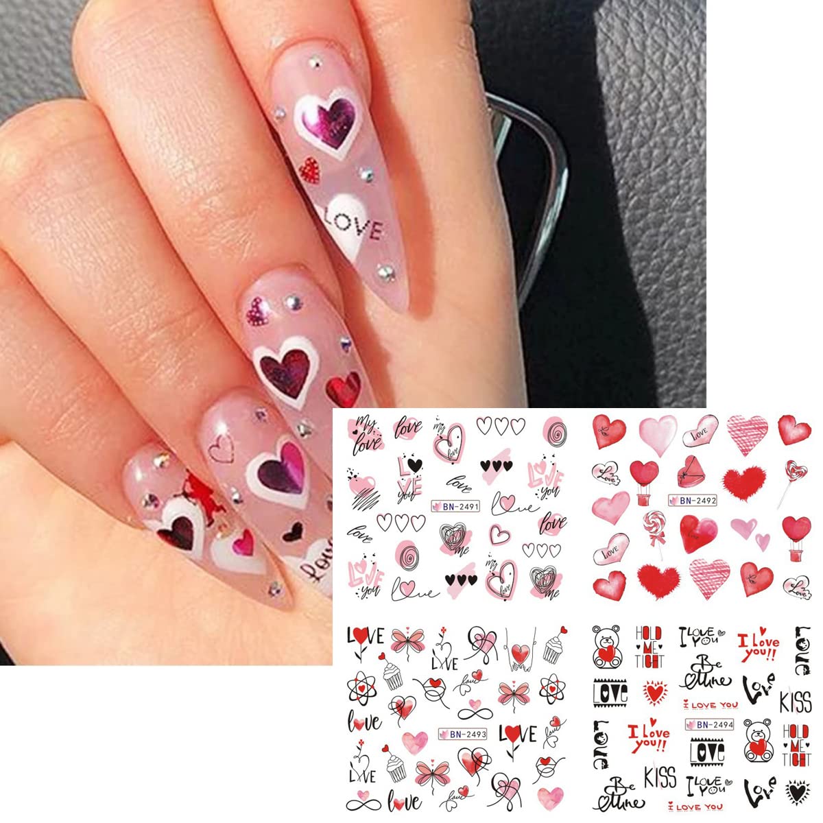 24Pcs Valentine 'S Day Nail Art Stickers - Heart Nail Water Decals Transfer Foils Valentine 'S Series Sticker For Nails Red Love