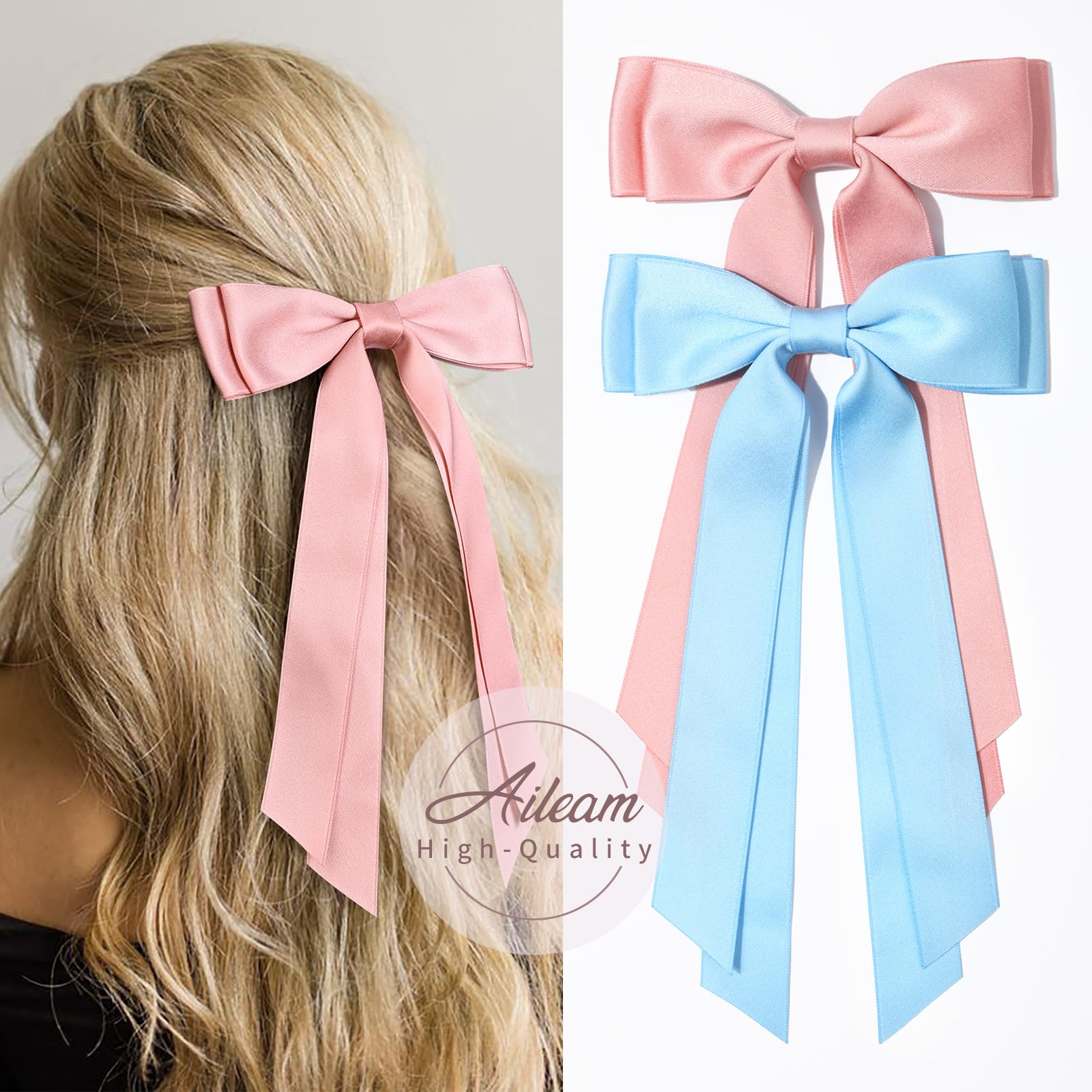 2Pcs Silky Satin Hair Bows Hair Clip Pink Blue Hair Ribbon Ponytail Holder Accessories Slides Metal Clips Hair Bow For Women Gir