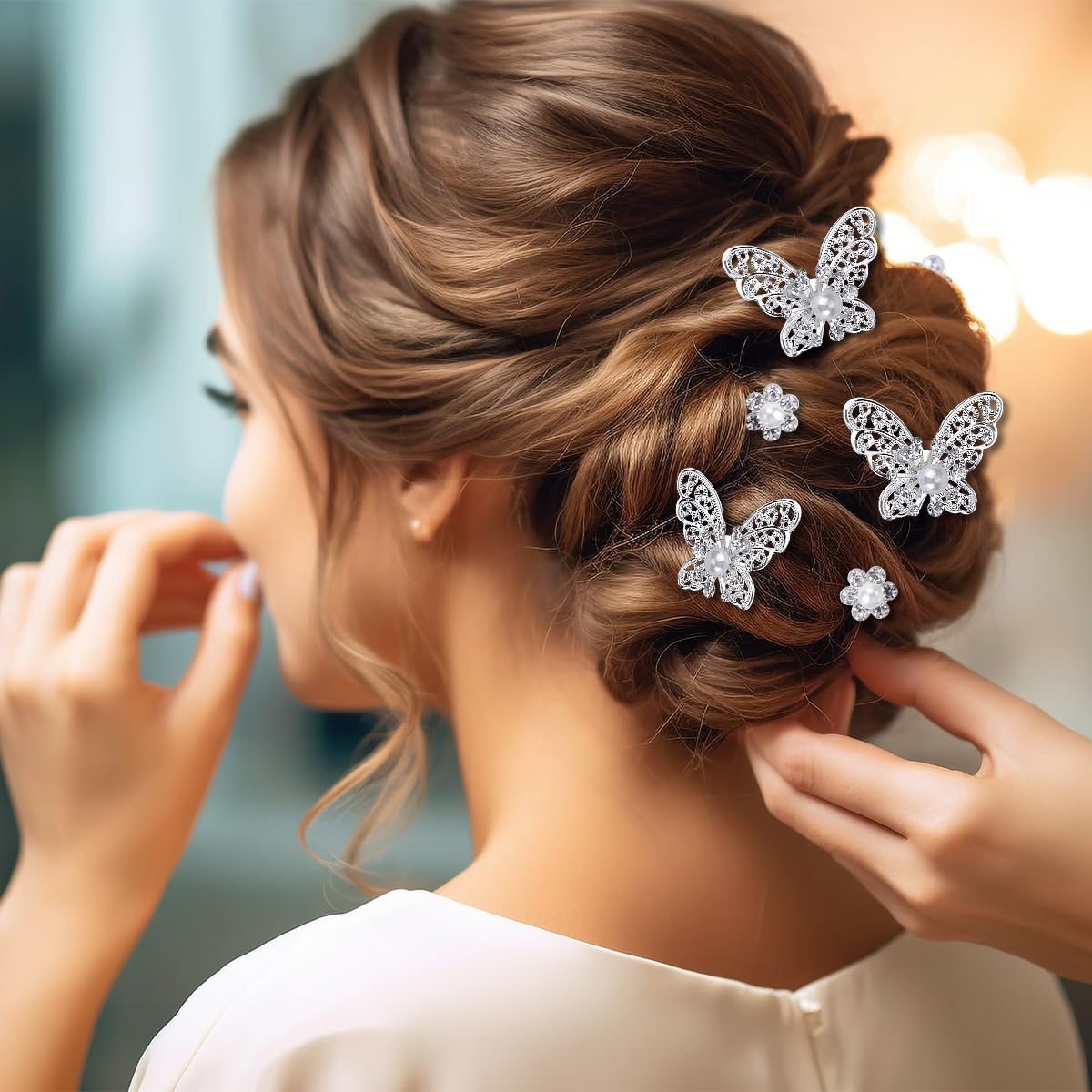 30Pcs Butterfly Wedding Hair Pins, Fhdusryo Shiny Bridal Hair Clips, Crystal Pearl Butterfly Flower Hairpin, U Shaped Rhinestone