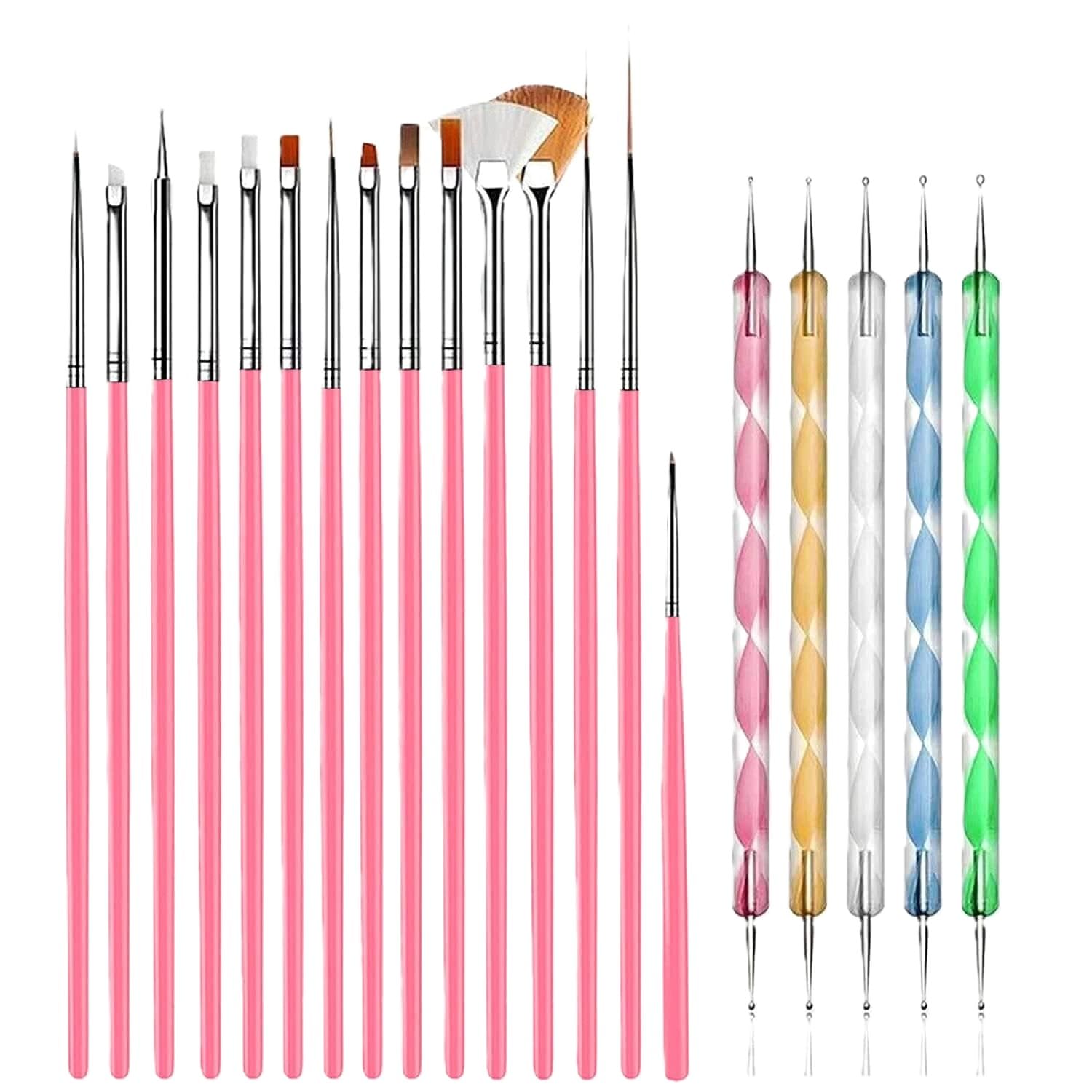 Mksl Nail Art Brush Set, 20Piece With 15 Painting Brushes And 5 Dotting Pens, Pink Handles, For Gel And Acrylic