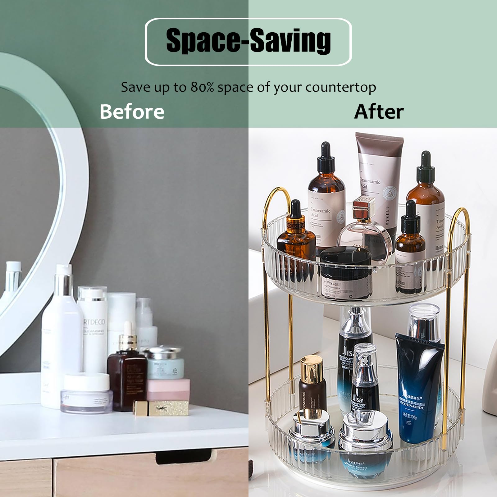 Zufudo Rotating Makeup Organizer 2 Tier Lazy Susan Trays Skincare Perfume Organizer For Bathroom Counter Vanity, Transparent