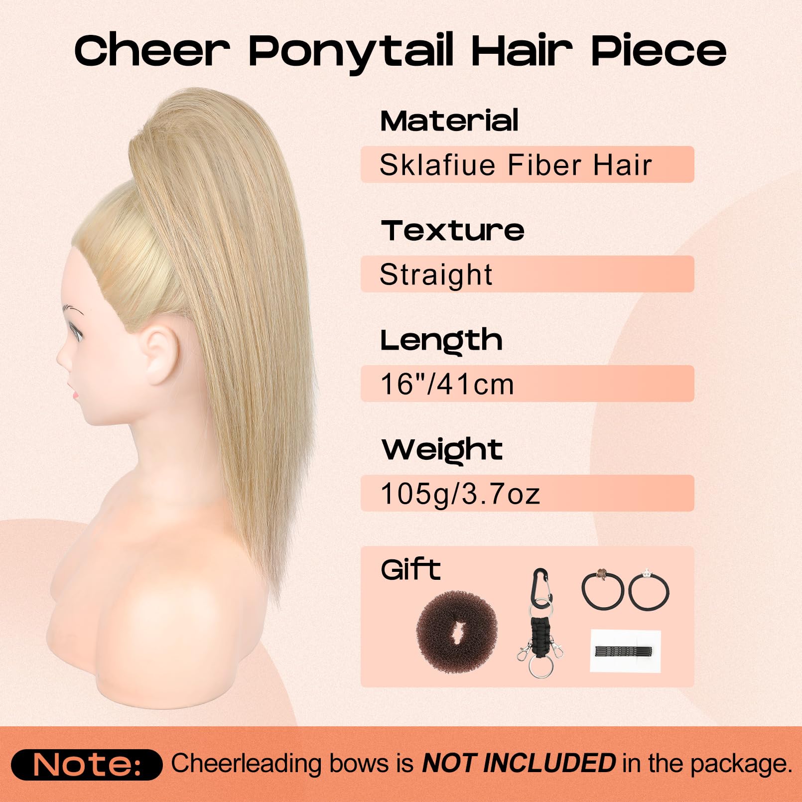 Seikea Cheer Ponytail Hair Piece, 16'' Straight Cheerleader Hairpiece Ponytail Extension For Cheerleader Competition, Dance, Lig