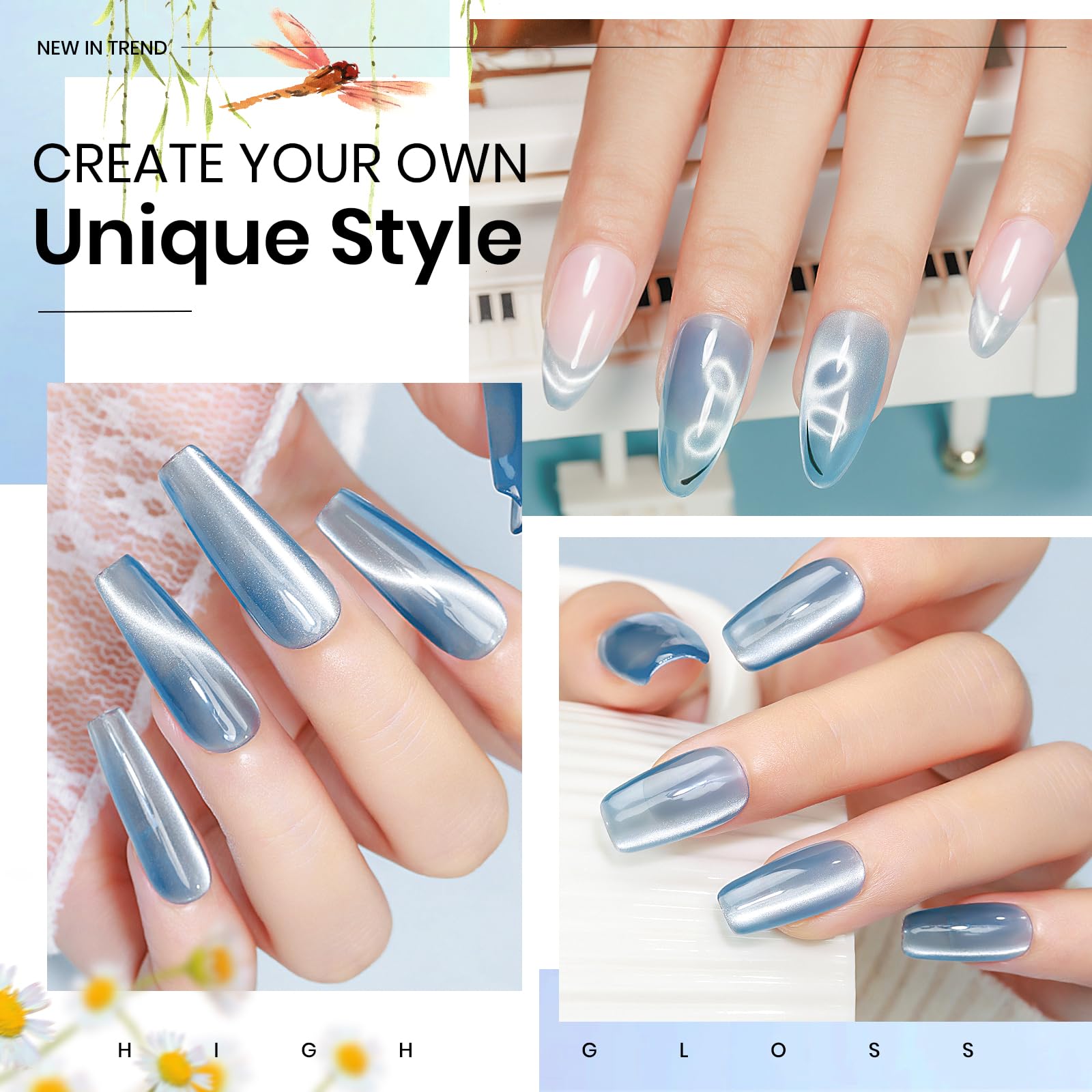 Mizhse Cat Eye Gel Nail Polish Ceramic Moonlight Magnetic Gel Polish With Magnet Stick, Crystal Glass Blue Spring Colors Smoothi